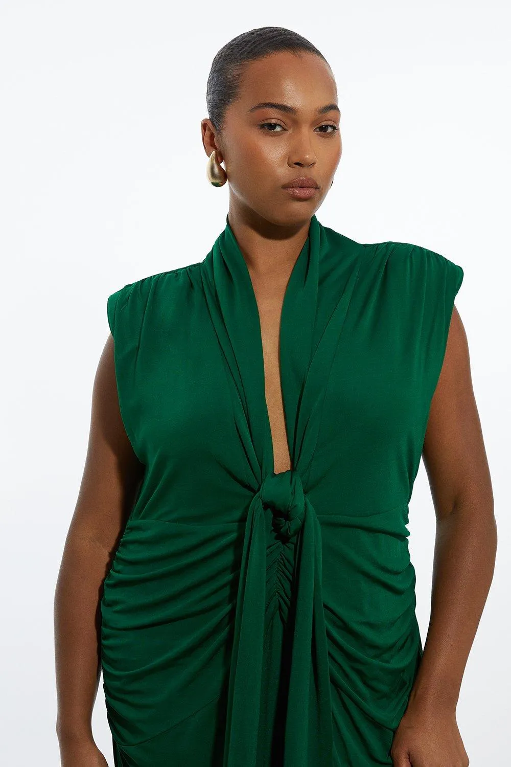 Plus Size Plunge Ruched Twist Jersey Maxi Dress BKK18171