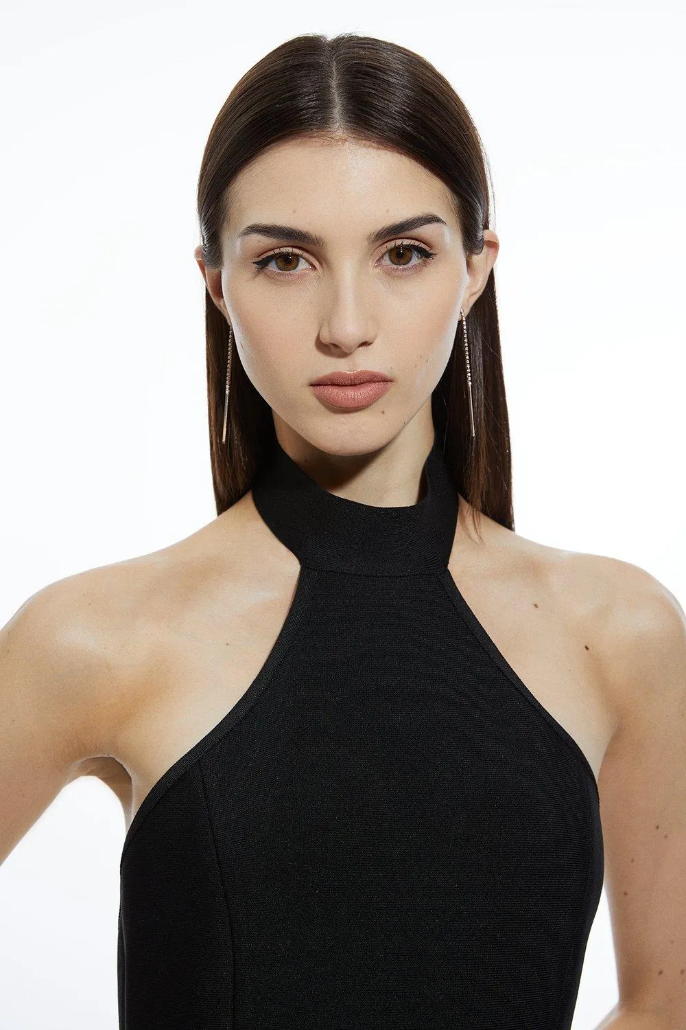 Figure Form Bandage Ruffle Hem Halter Knit Midi Dress BKK18220