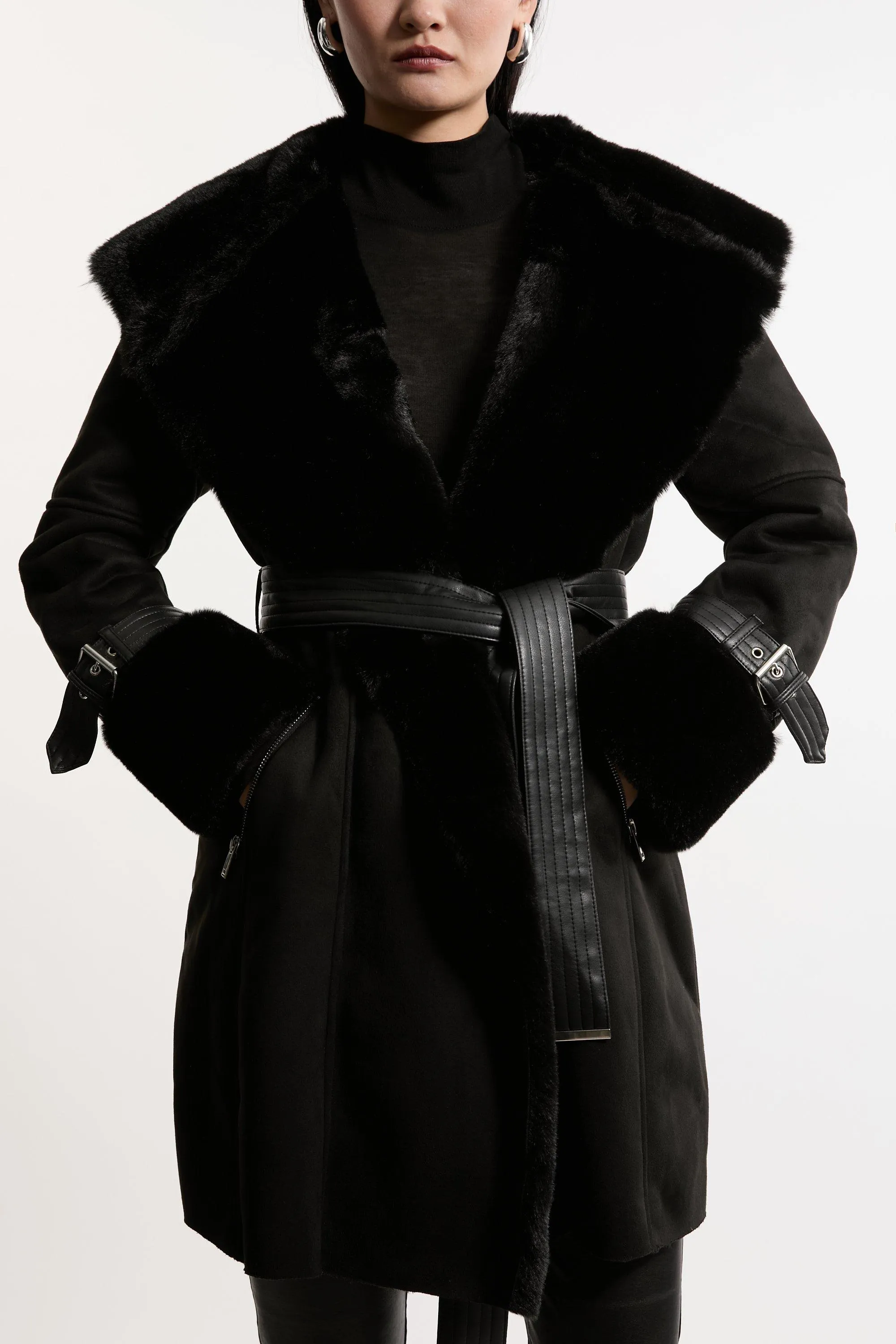 Faux Shearling Collar & Cuff Belted Short Coat BKK18445 3 Faux Shearling Collar & Cuff Belted Short Coat BKK18445