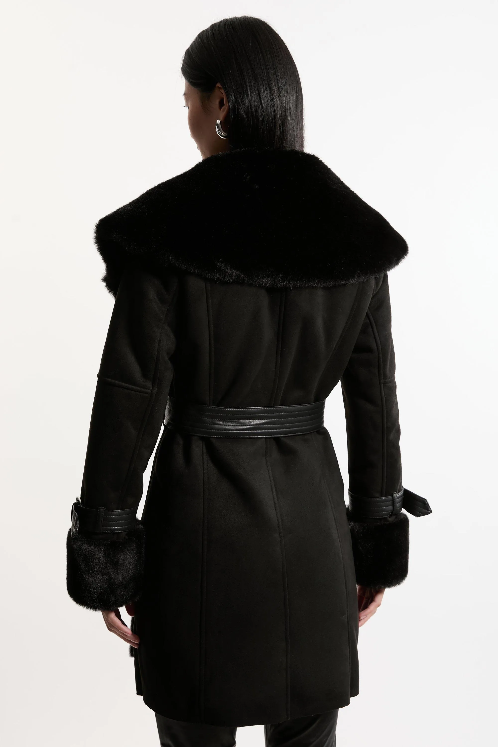 Faux Shearling Collar & Cuff Belted Short Coat BKK18445 5 Faux Shearling Collar & Cuff Belted Short Coat BKK18445