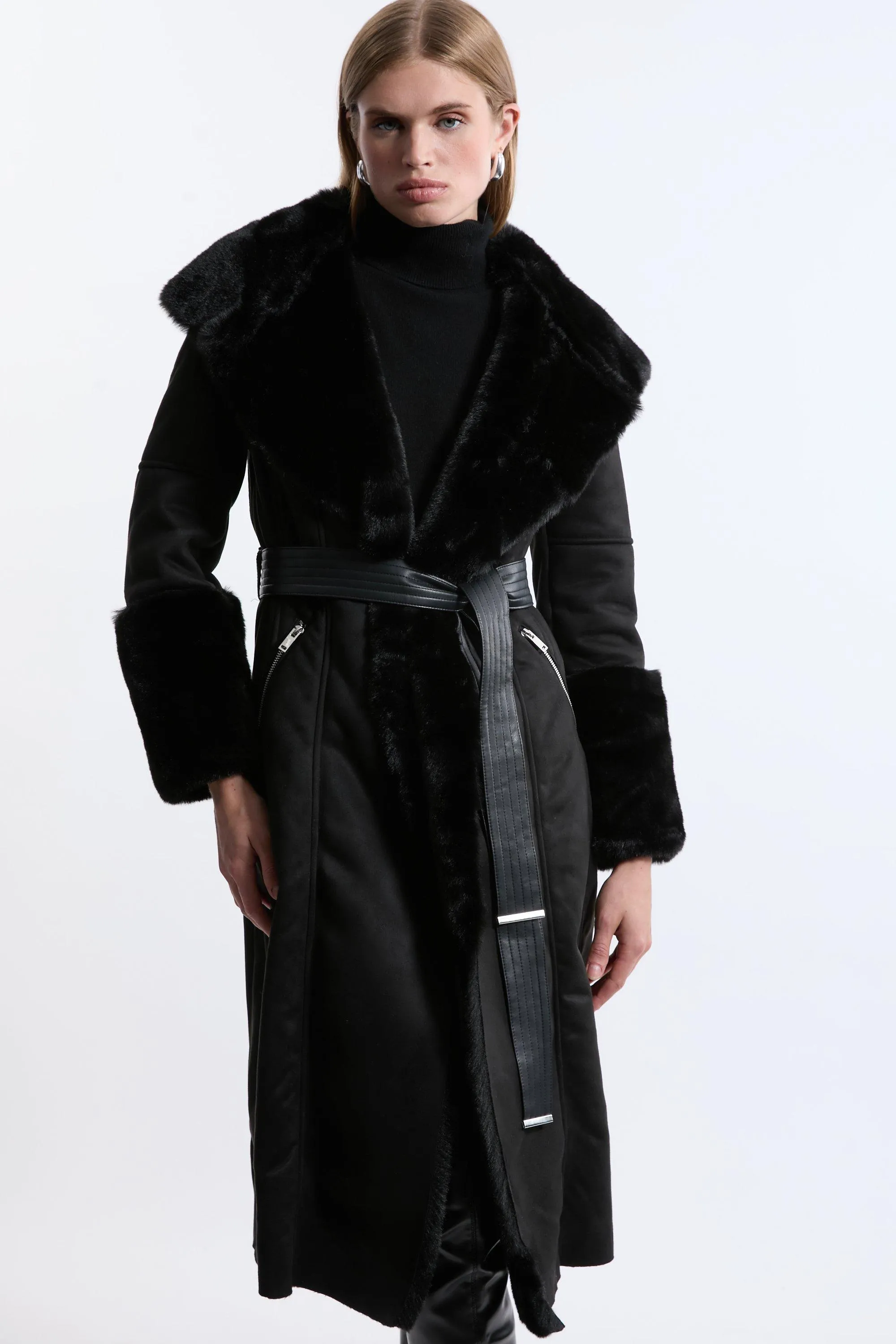 Faux Shearling Collar & Cuff Belted Midi Coat BKK18495