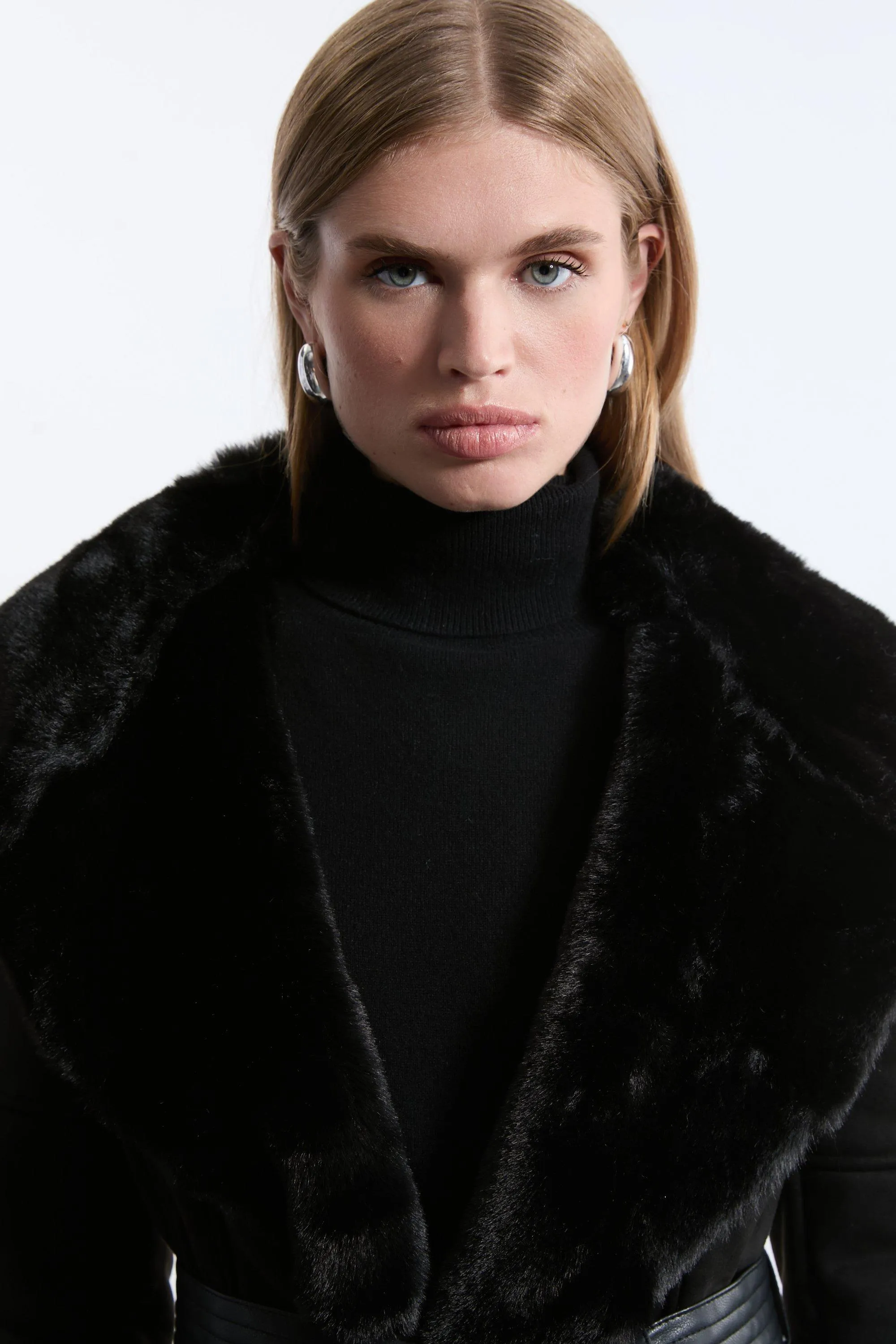 Faux Shearling Collar & Cuff Belted Midi Coat BKK18495