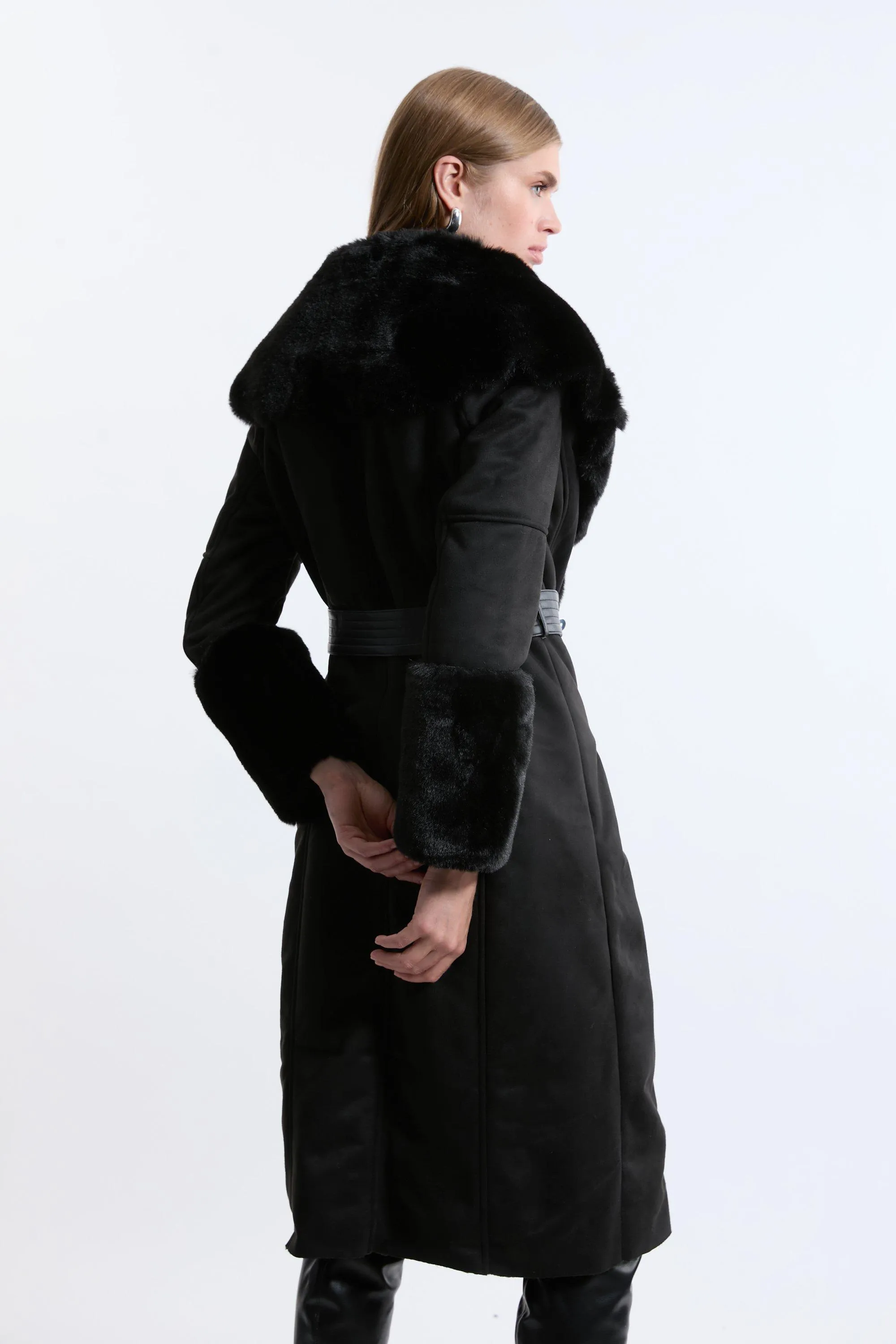 Faux Shearling Collar & Cuff Belted Midi Coat BKK18495 3 Faux Shearling Collar & Cuff Belted Midi Coat BKK18495