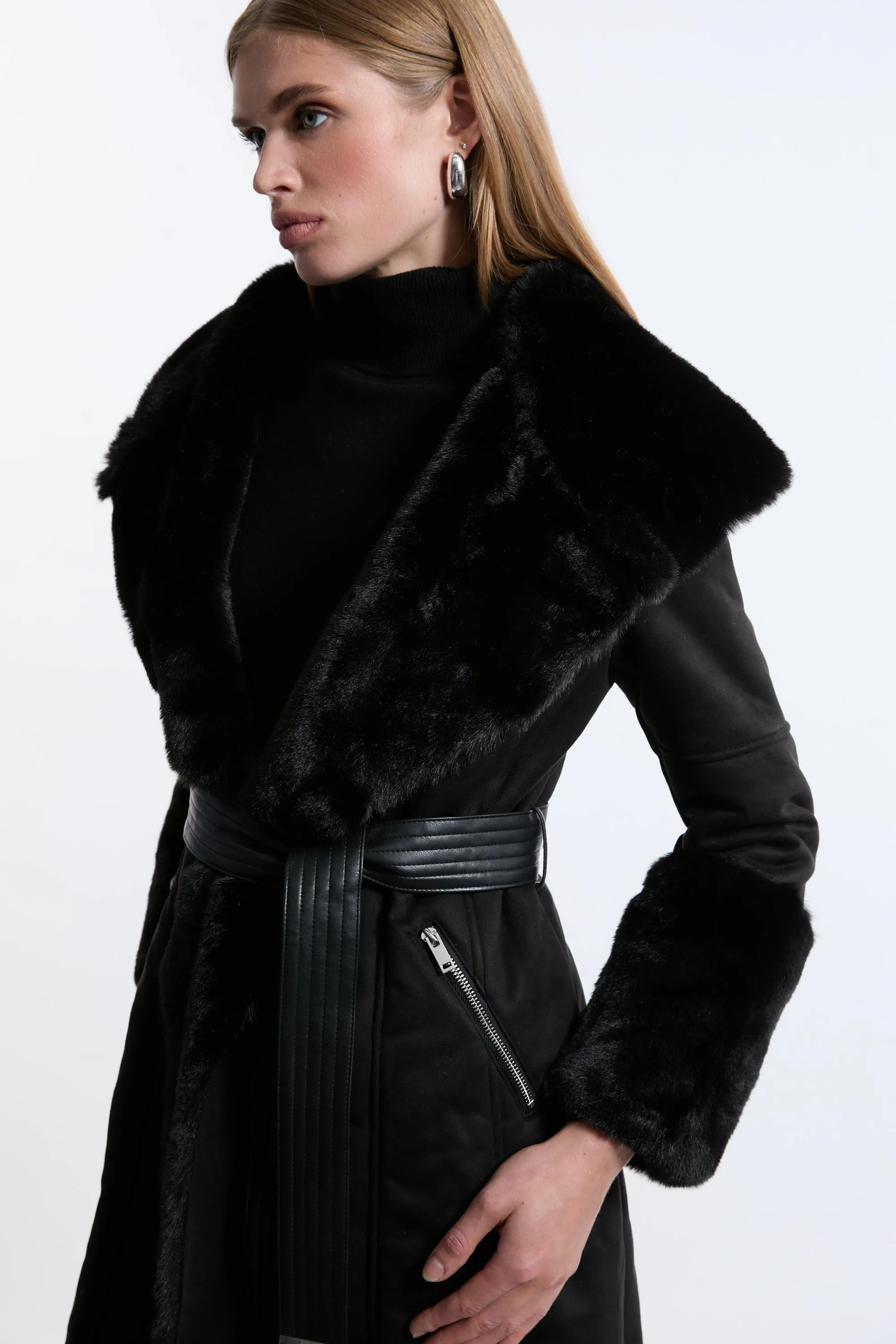 Faux Shearling Collar & Cuff Belted Midi Coat BKK18495 6 Faux Shearling Collar & Cuff Belted Midi Coat BKK18495