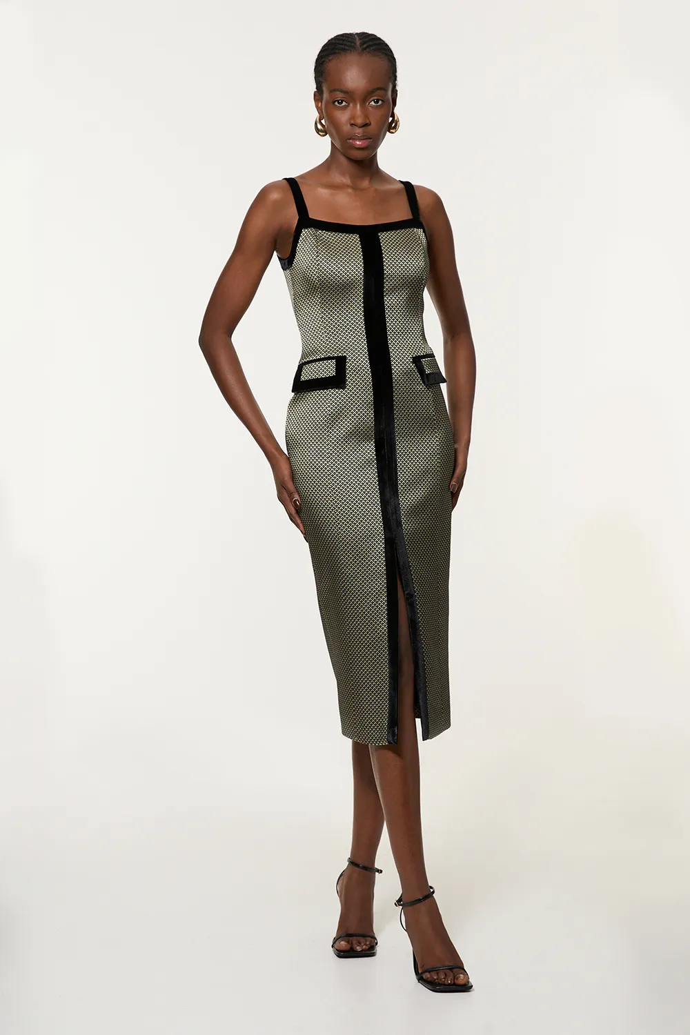 Geo Jacquard Velvet Mix Tailored Strappy Maxi Dress BKK22142