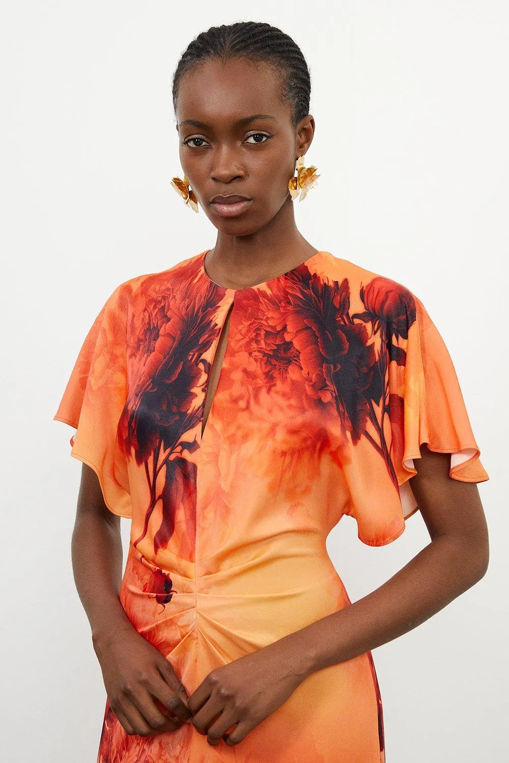 Floral Print Satin Crepe Woven Angel Sleeve Midi Dress BKK16364