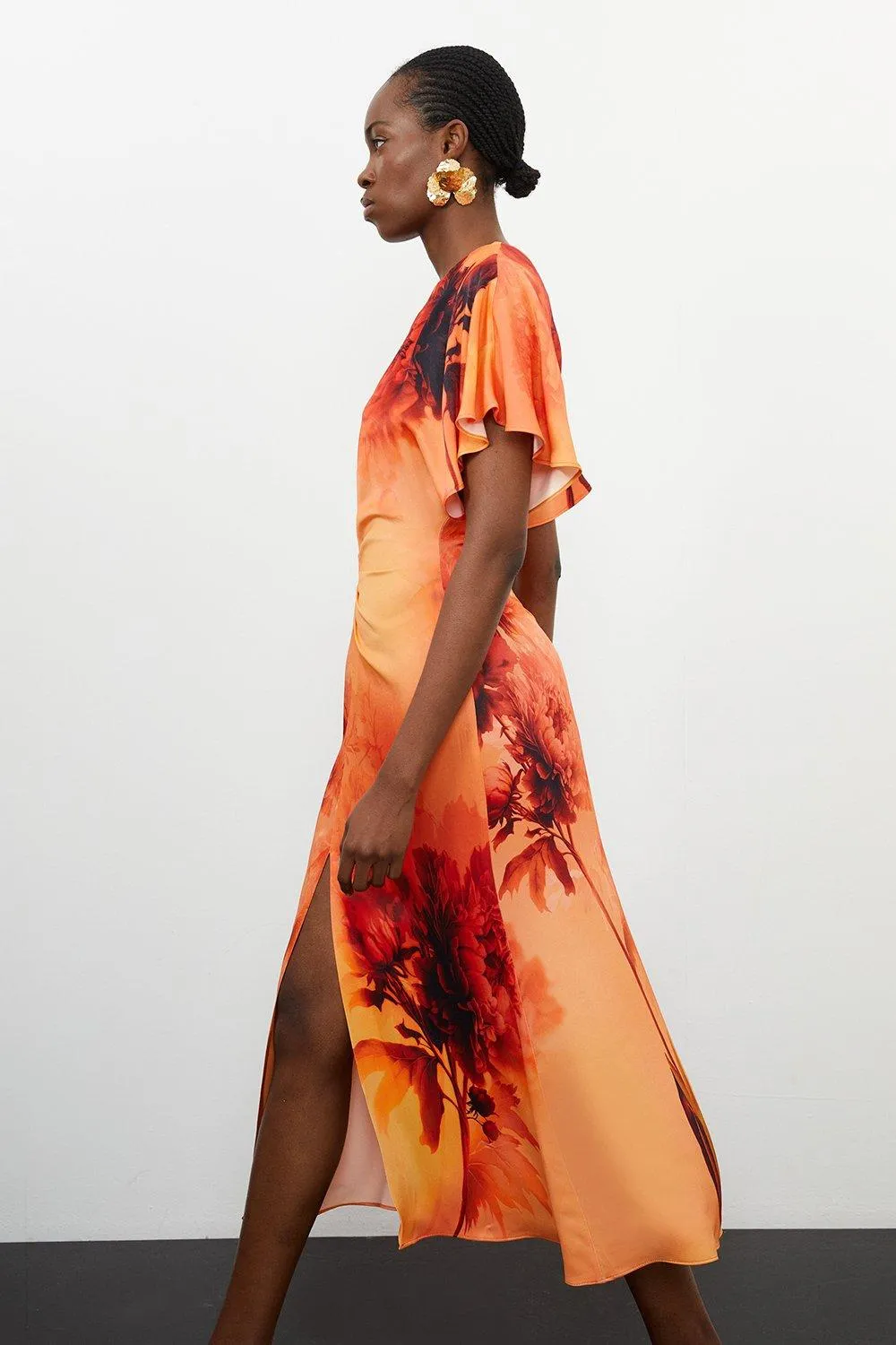 Floral Print Satin Crepe Woven Angel Sleeve Midi Dress BKK16364