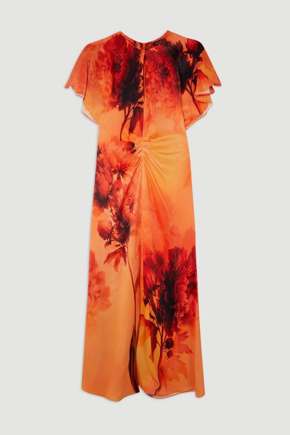 Floral Print Satin Crepe Woven Angel Sleeve Midi Dress BKK16364