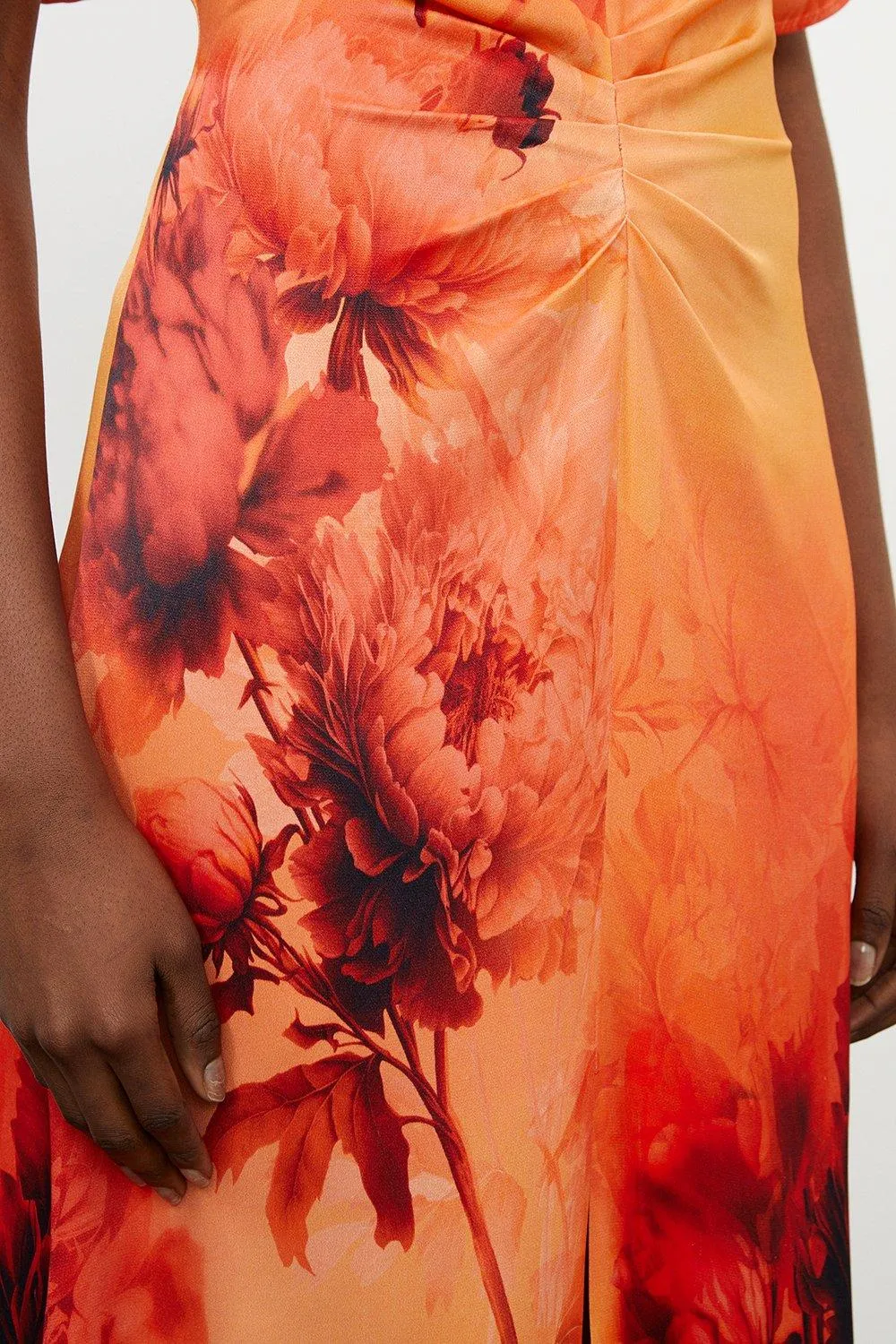 Floral Print Satin Crepe Woven Angel Sleeve Midi Dress BKK16364