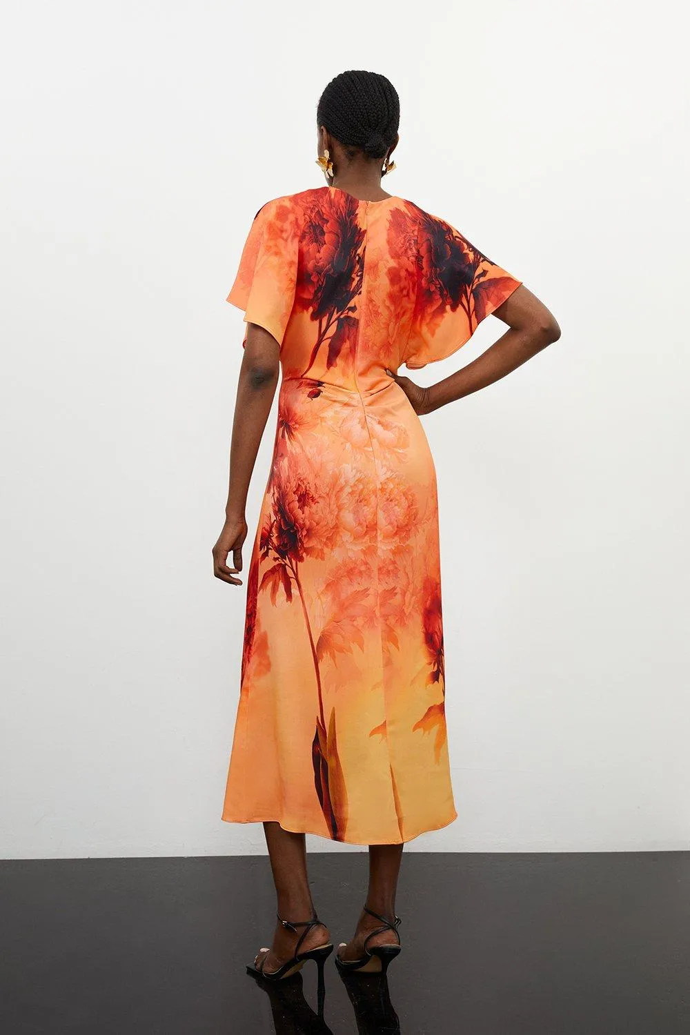 Floral Print Satin Crepe Woven Angel Sleeve Midi Dress BKK16364