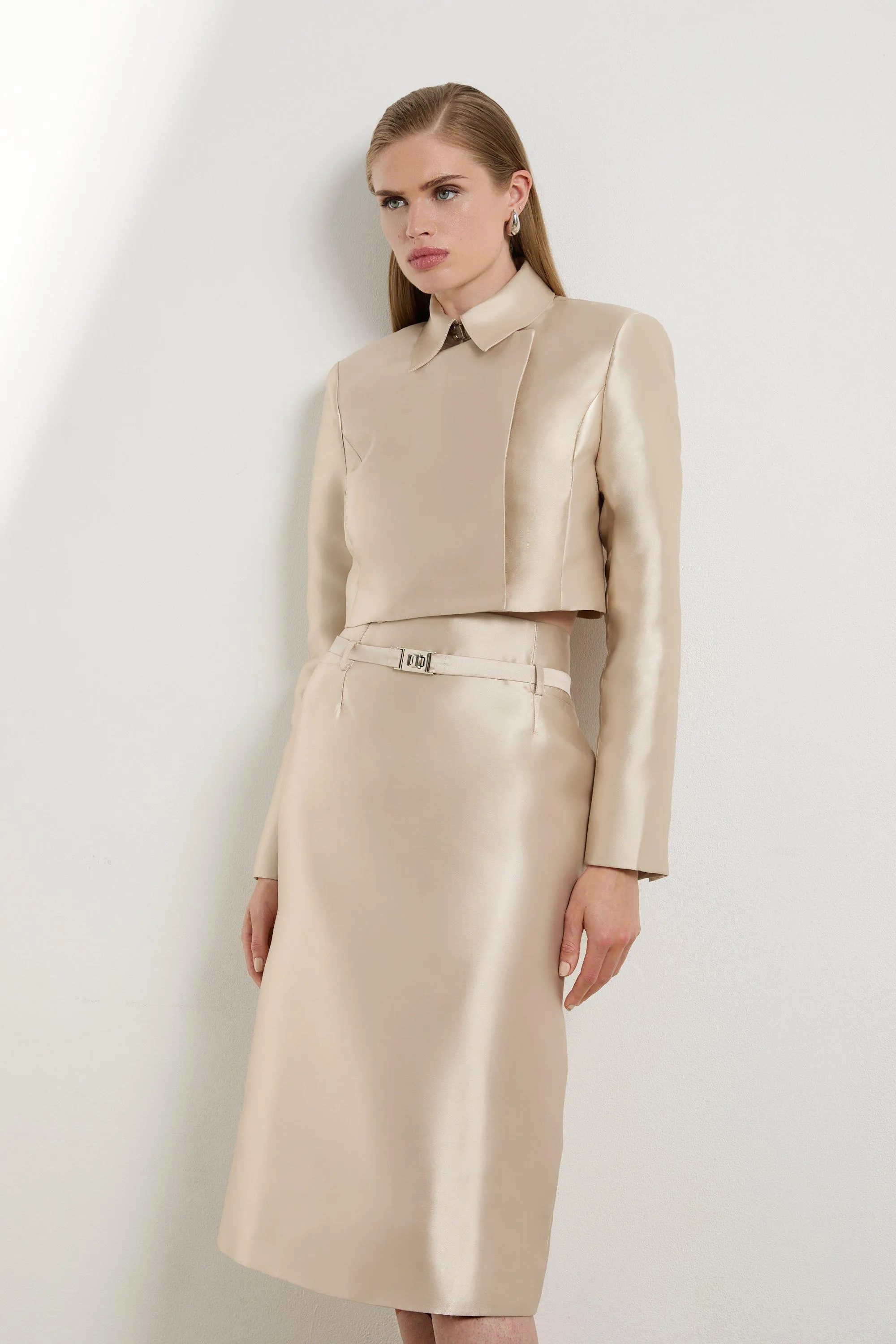 Satin Twill Belted Tailored Midi Skirt BKK19186
