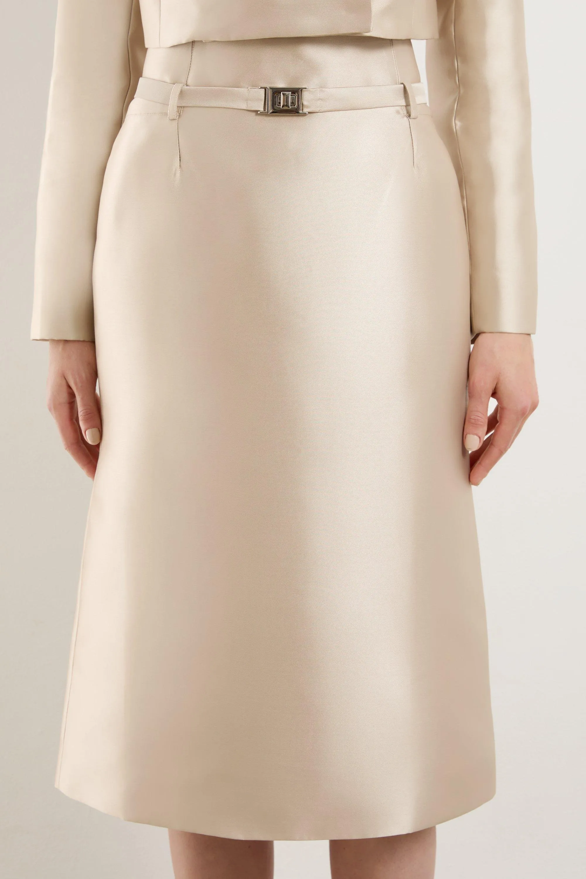 Satin Twill Belted Tailored Midi Skirt BKK19186