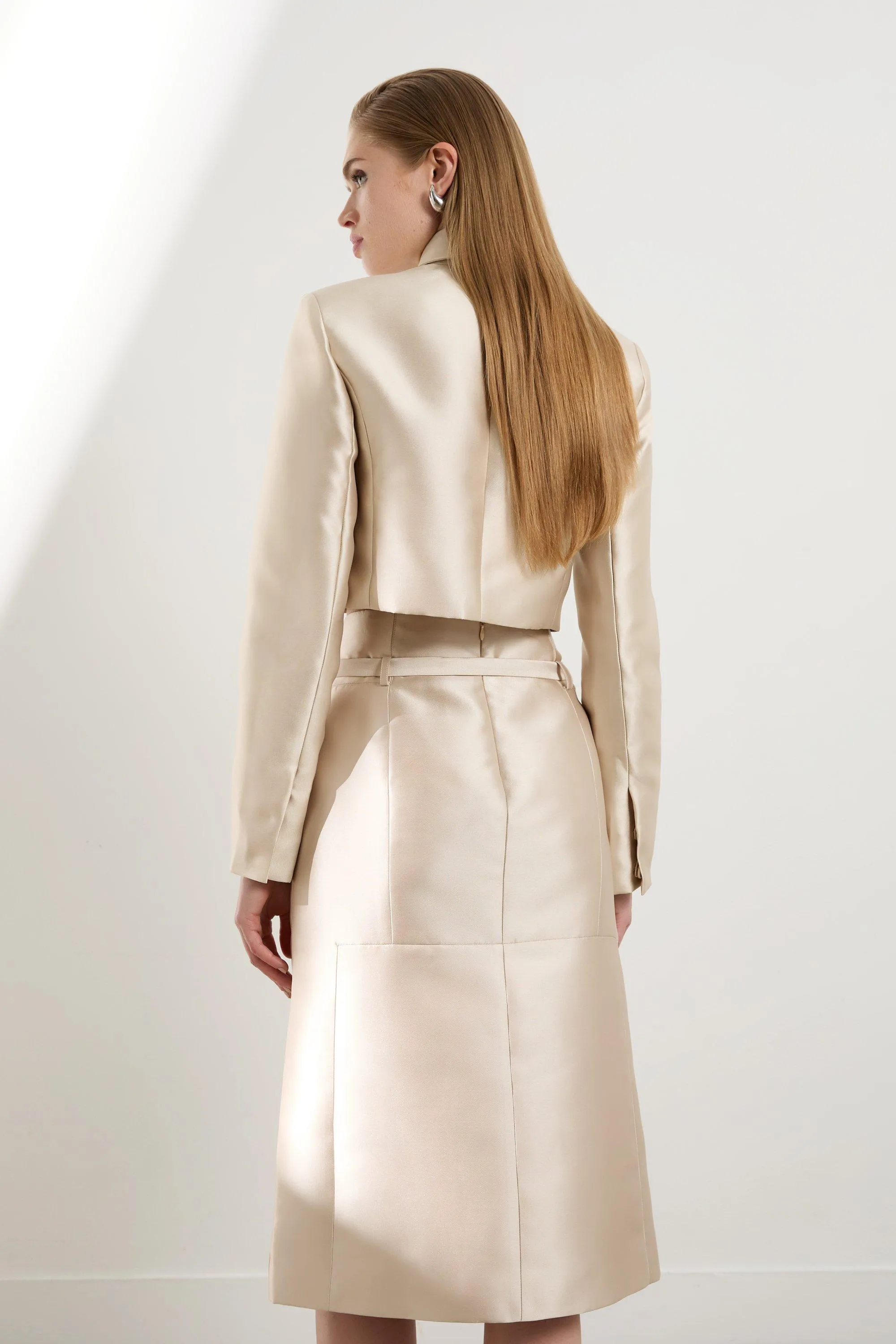 Satin Twill Belted Tailored Midi Skirt BKK19186