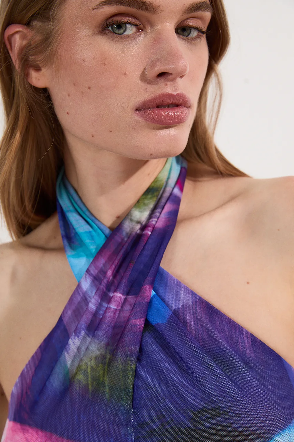 Printed Mesh Cross Neck Bodysuit BKK19376