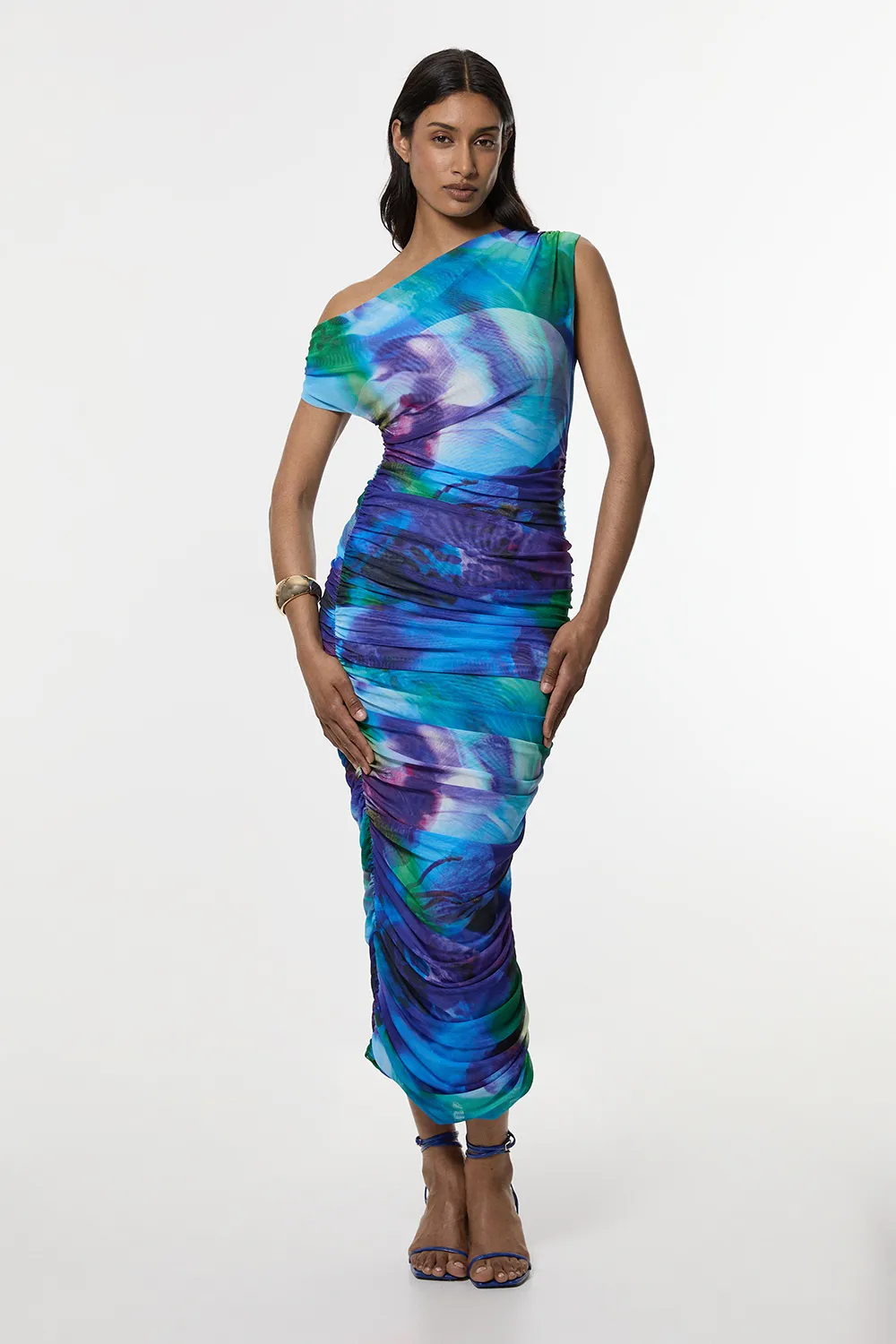 Printed Mesh Jersey One Shoulder Midi Dress BKK19377