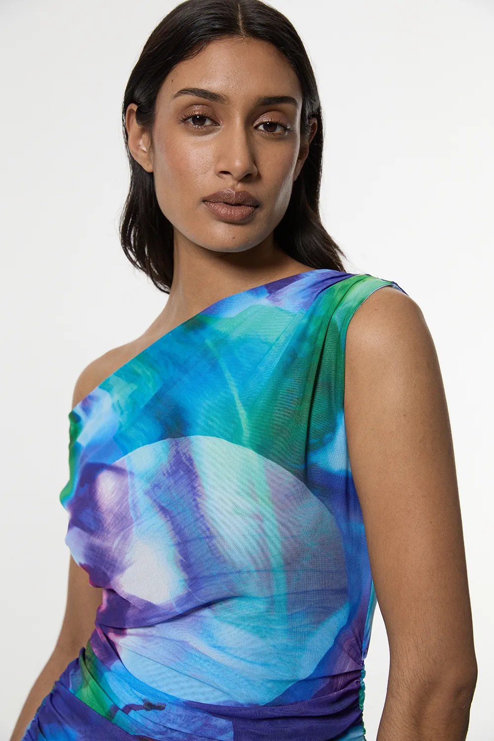 Printed Mesh Jersey One Shoulder Midi Dress BKK19377