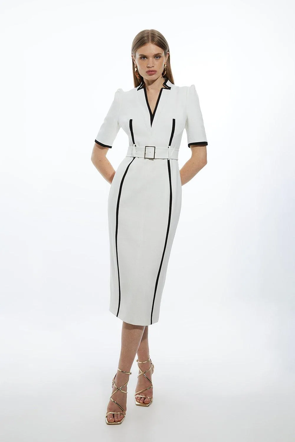 Petite Compact Stretch Contrast Tipped Forever Belted Tailored Midi Dress BKK19410
