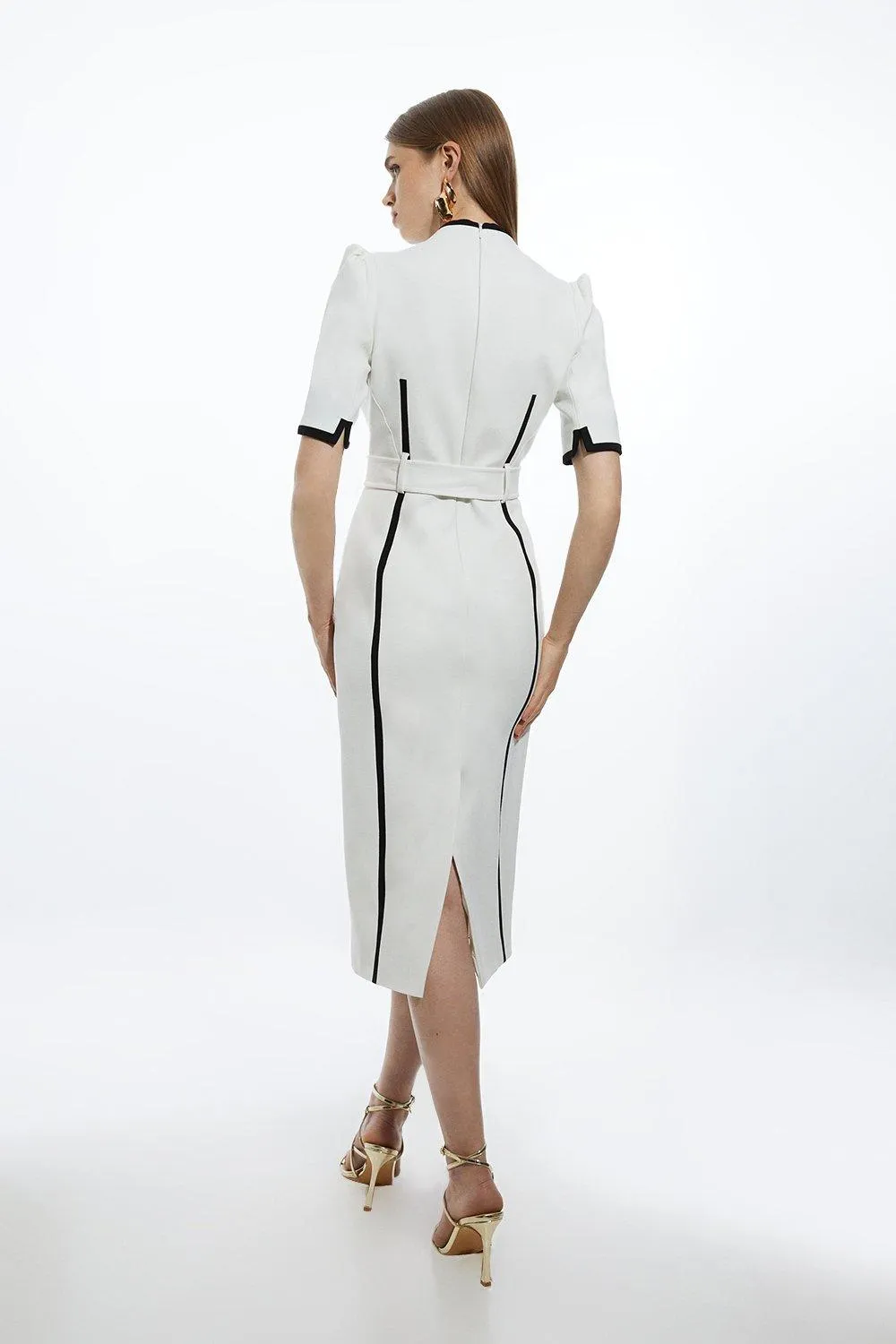 Petite Compact Stretch Contrast Tipped Forever Belted Tailored Midi Dress BKK19410 4 Petite Compact Stretch Contrast Tipped Forever Belted Tailored Midi Dress BKK19410