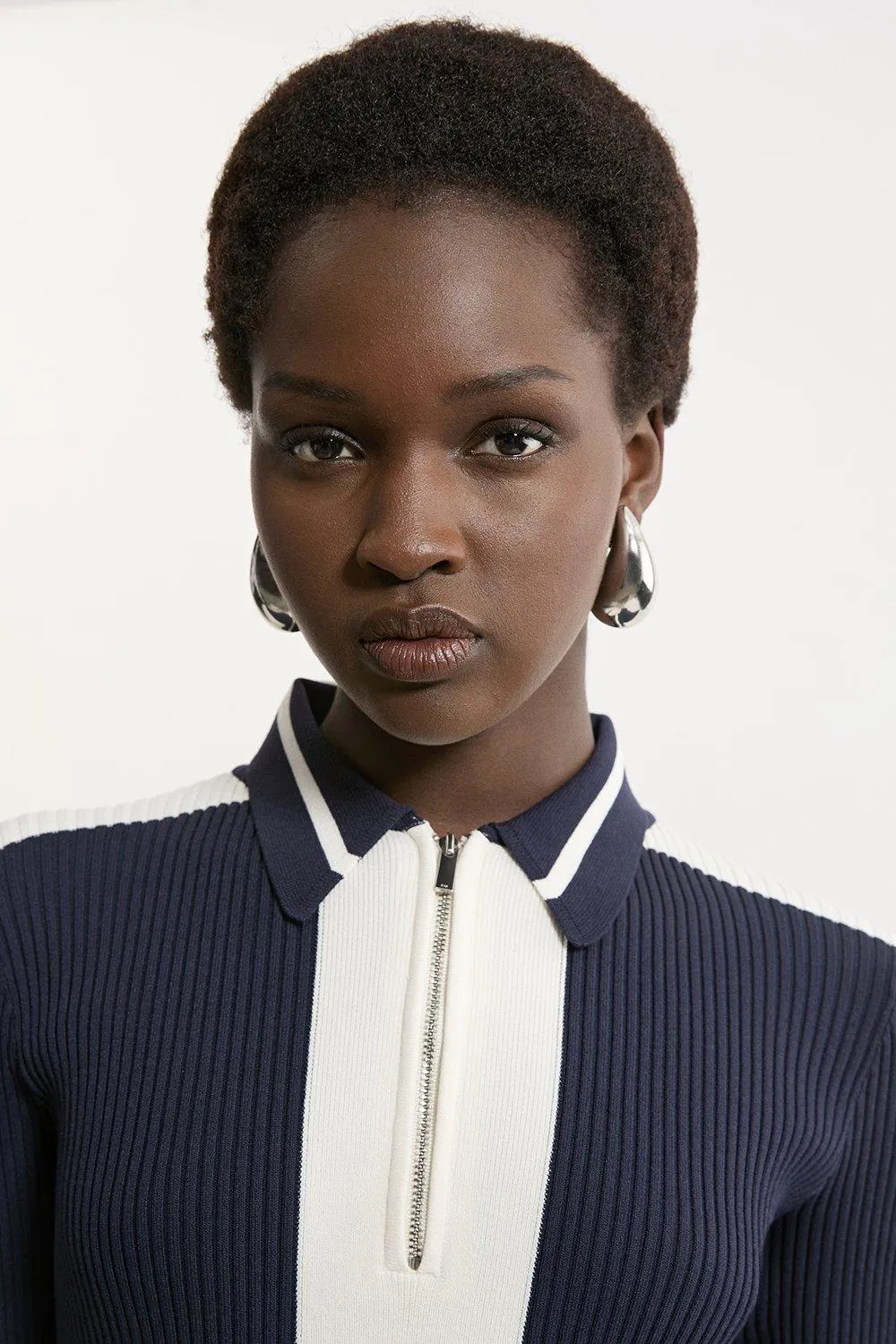 Rib Knit Polo Zip Up Midi Dress BKK19436