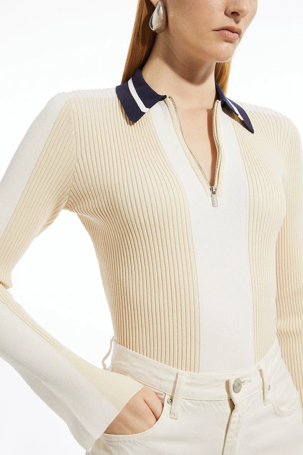 Rib Knit Polo Zip Up Top BKK19435 3 Rib Knit Polo Zip Up Top BKK19435