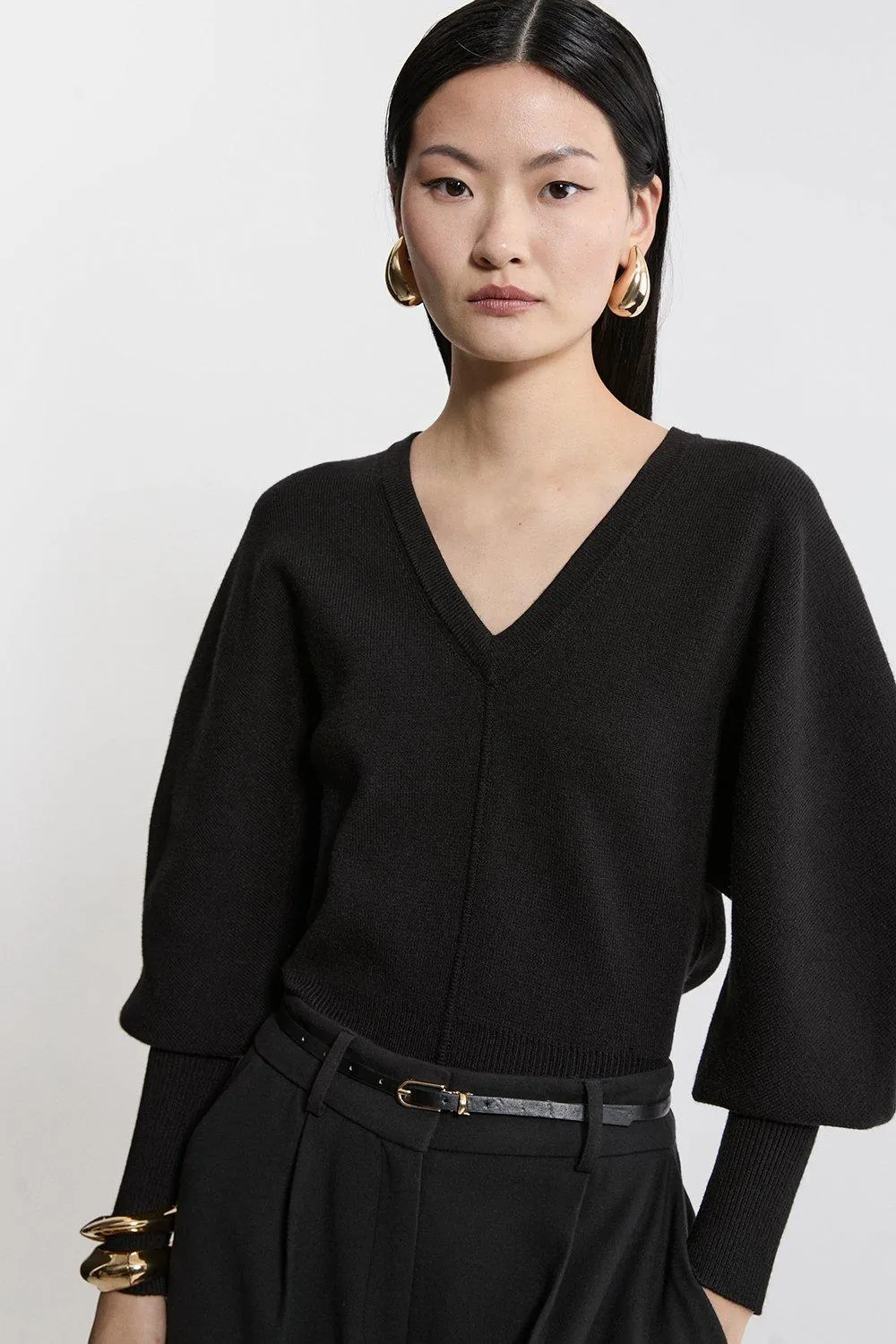 Compact Wool Look V Neck Batwing Knit Sweater BKK19493