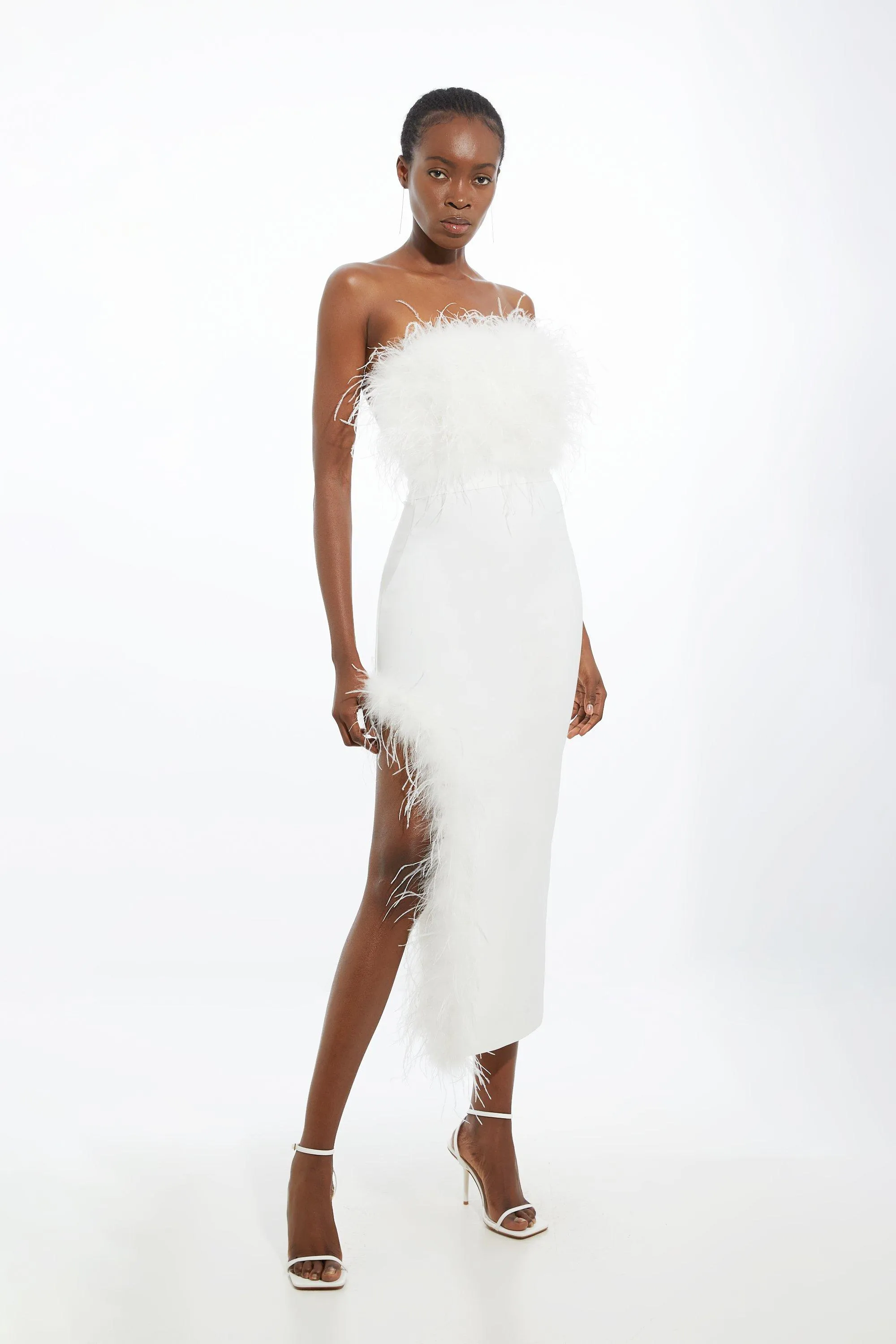 Figure Form Bandage Feather Detail Bandeau Knit Midi Dress BKK19496