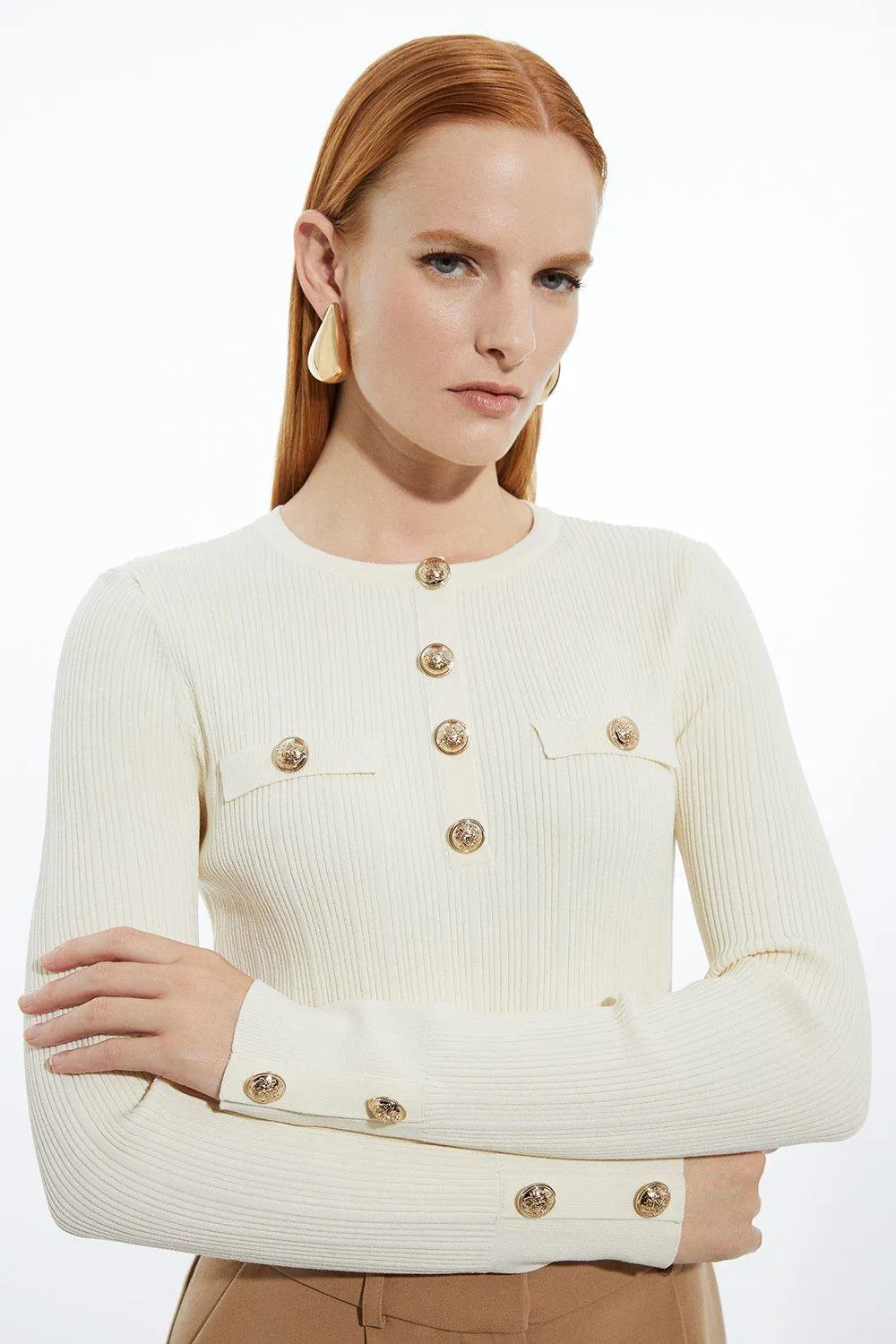 Military Trim Rib Long Sleeve Knit Top BKK19834