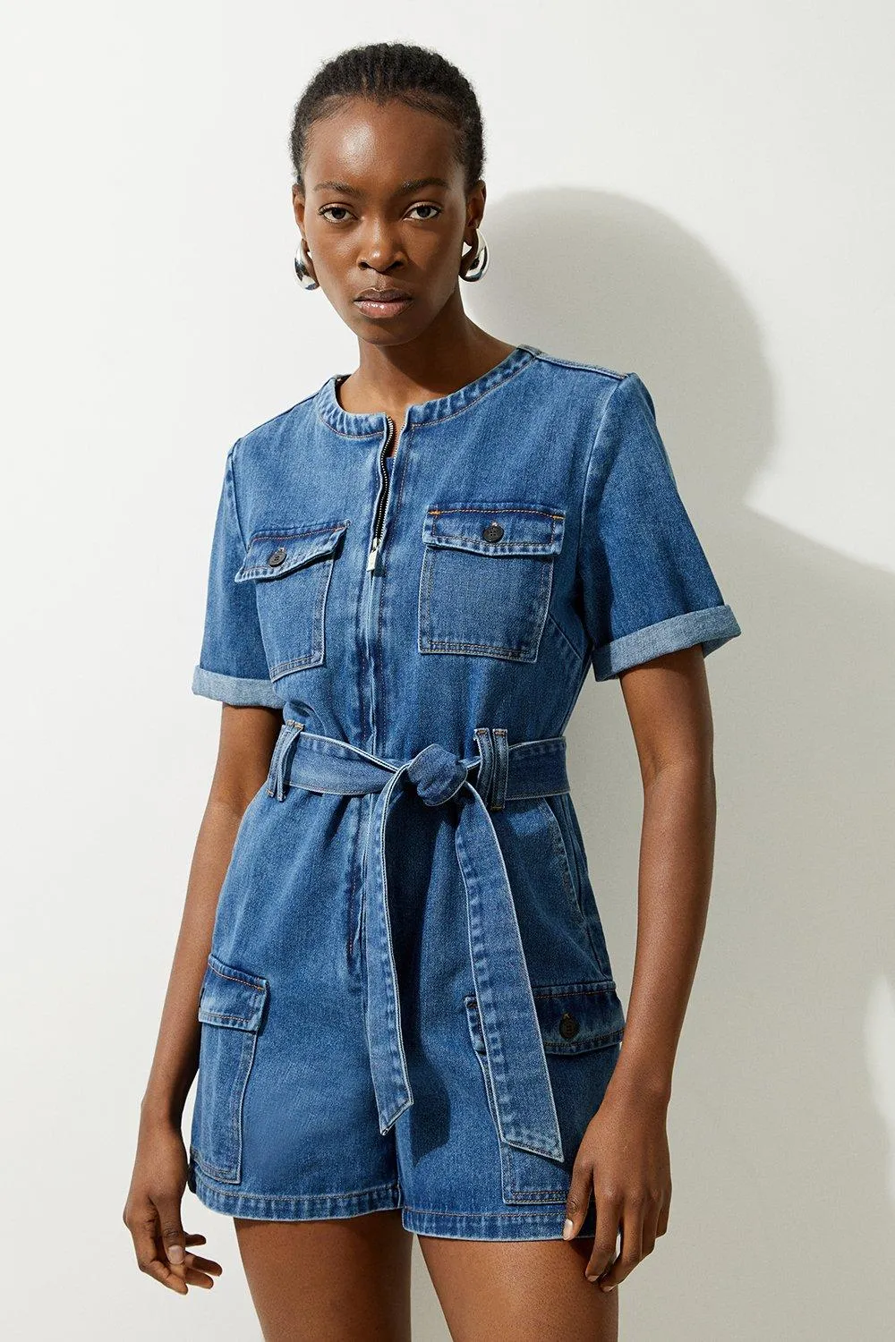 Denim Cargo Pocket Belted Romper BKK19893