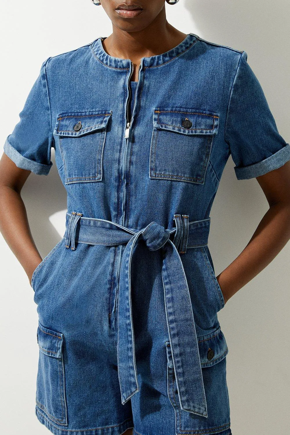Denim Cargo Pocket Belted Romper BKK19893
