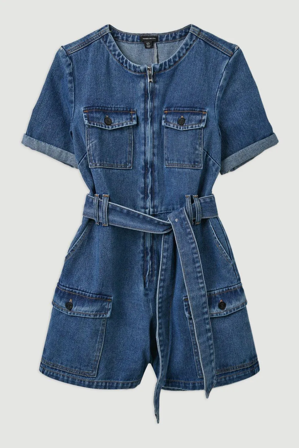 Denim Cargo Pocket Belted Romper BKK19893