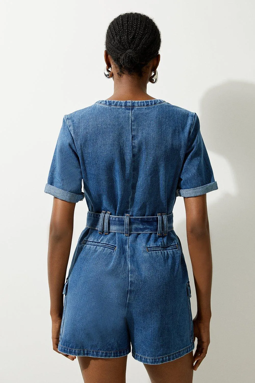 Denim Cargo Pocket Belted Romper BKK19893