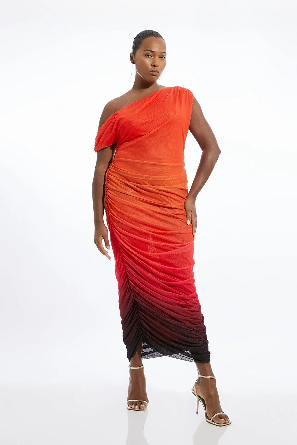 Plus Size Printed Mesh Jersey One Shoulder Midi Dress BKK19910