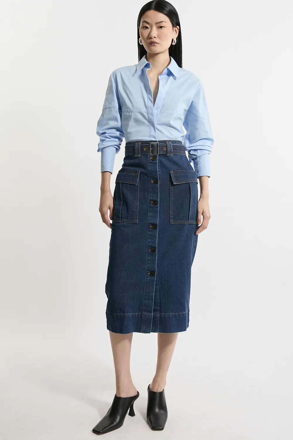 Denim Cargo Pocket Belted Midi Skirt BKK19971