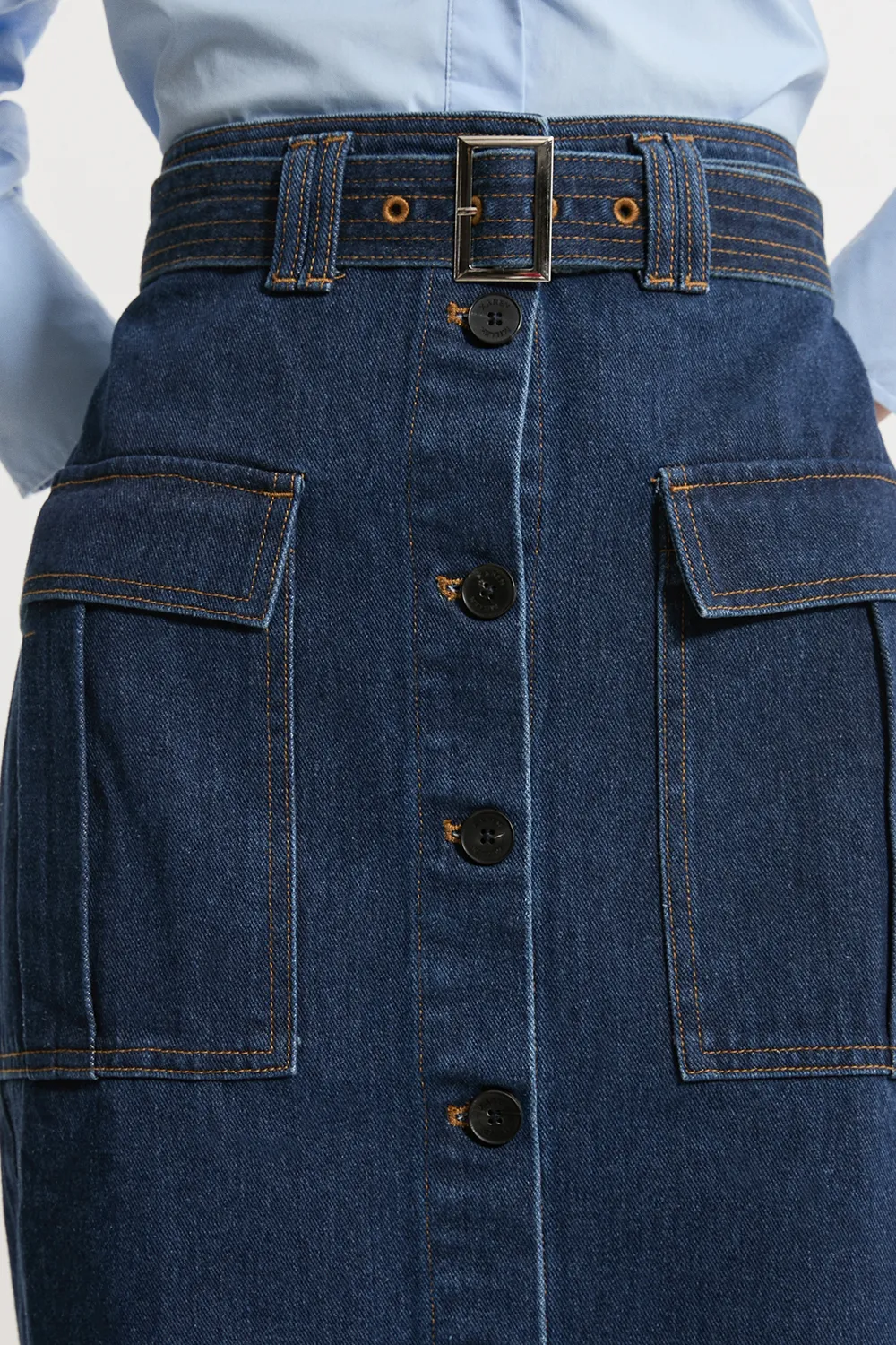 Denim Cargo Pocket Belted Midi Skirt BKK19971
