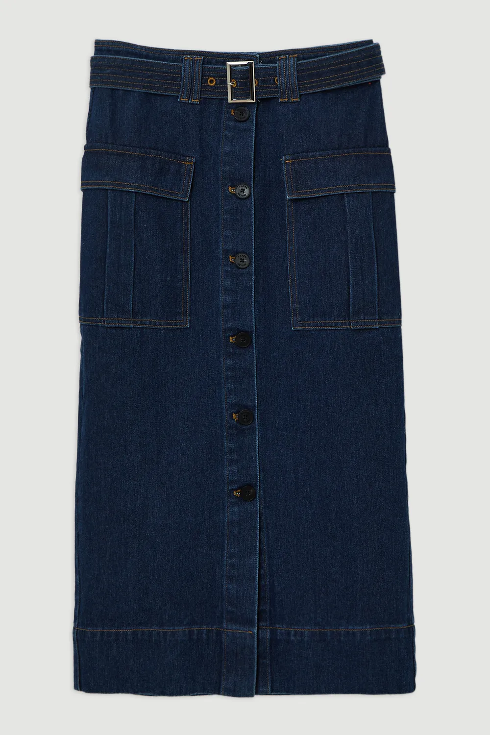 Denim Cargo Pocket Belted Midi Skirt BKK19971