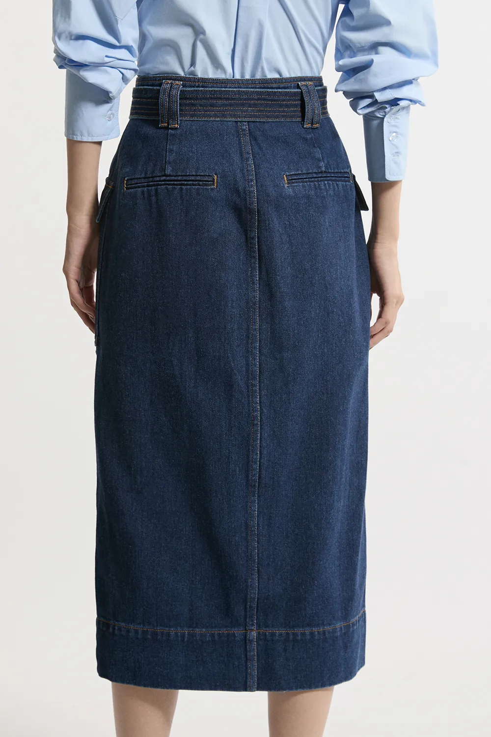 Denim Cargo Pocket Belted Midi Skirt BKK19971