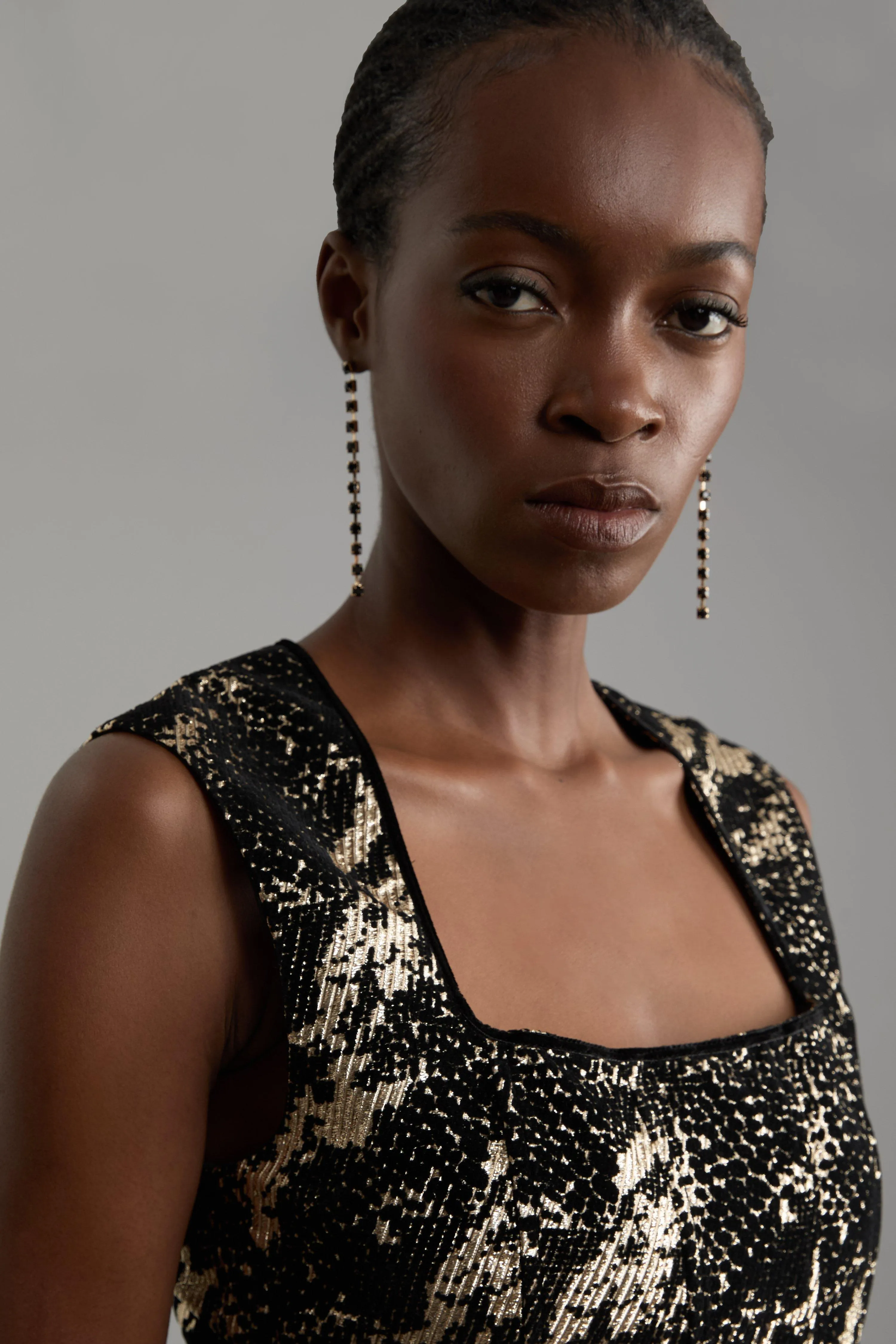 Metallic Velvet Jacquard Tailored Square Neck Midi Dress BKK22218