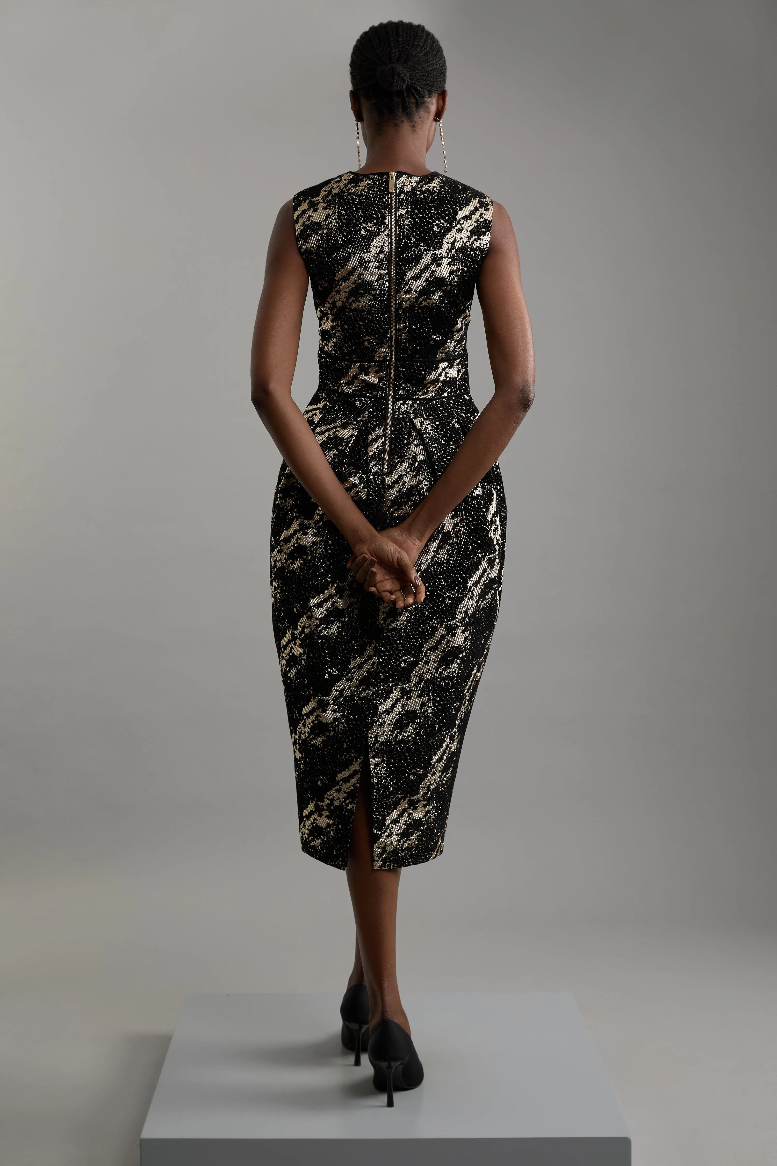 Metallic Velvet Jacquard Tailored Square Neck Midi Dress BKK22218 4 Metallic Velvet Jacquard Tailored Square Neck Midi Dress BKK22218