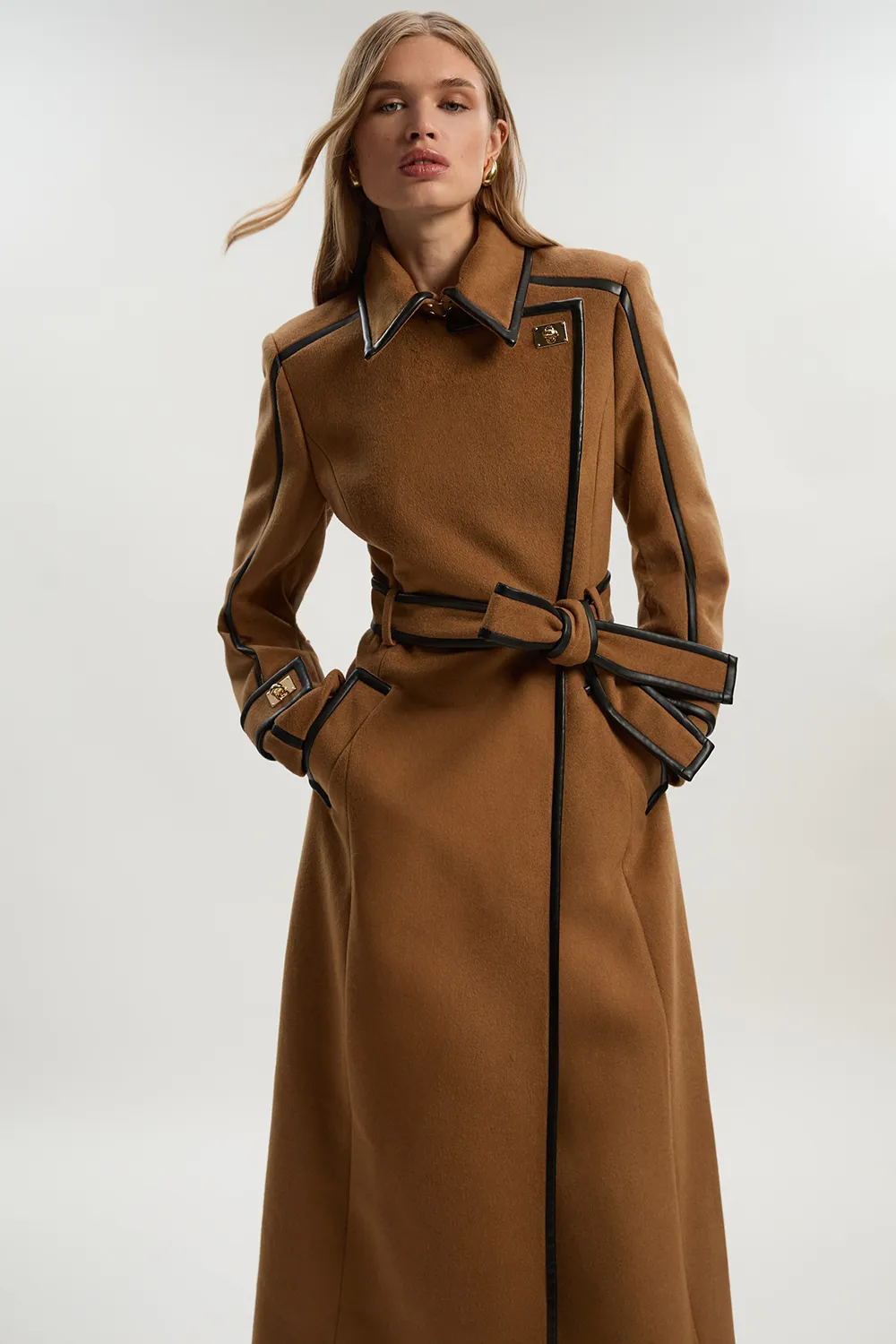 Brushed Wool Pu Trim Belted Tailored Double Breasted Midi Coat BKK20100
