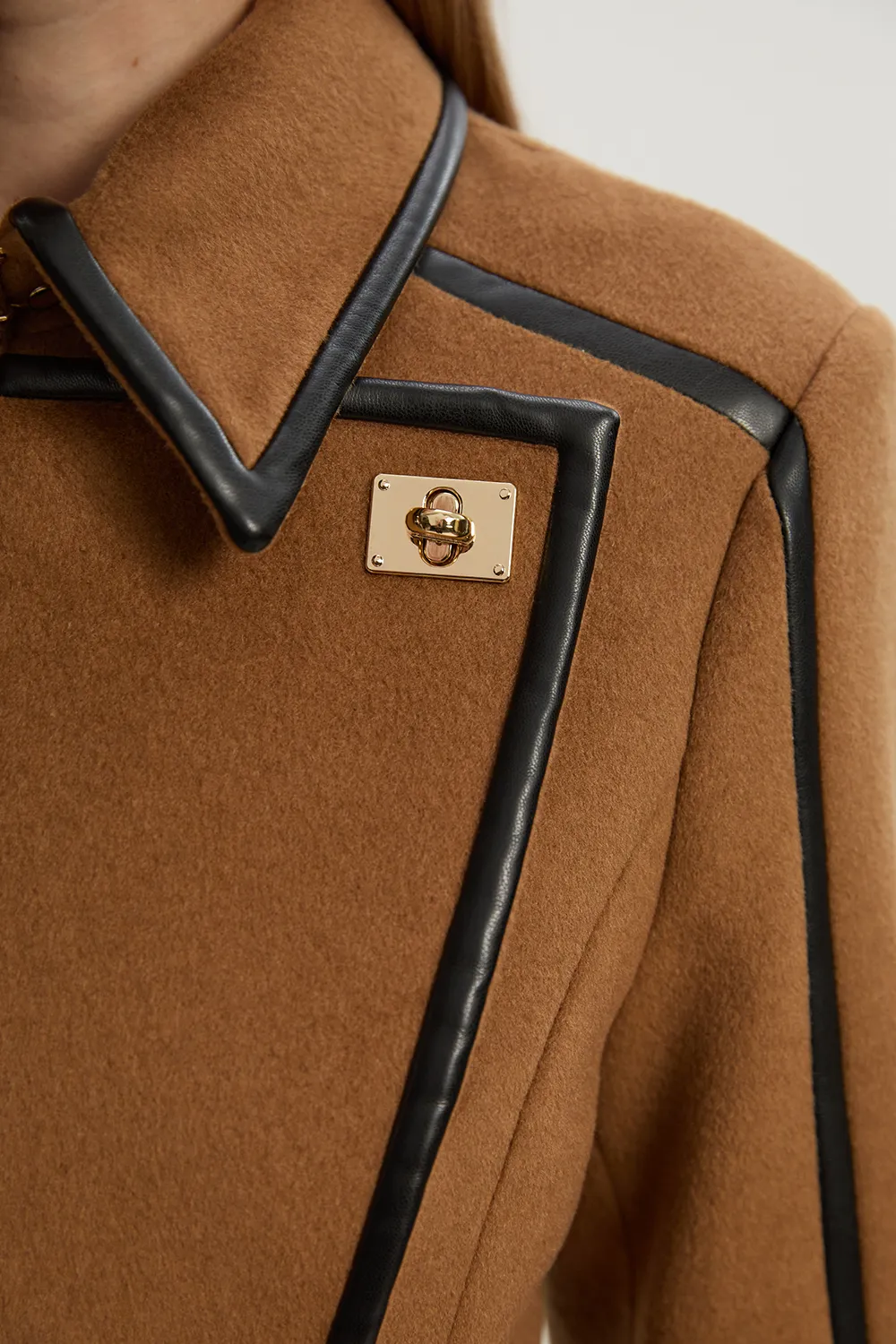 Brushed Wool Pu Trim Belted Tailored Double Breasted Midi Coat BKK20100