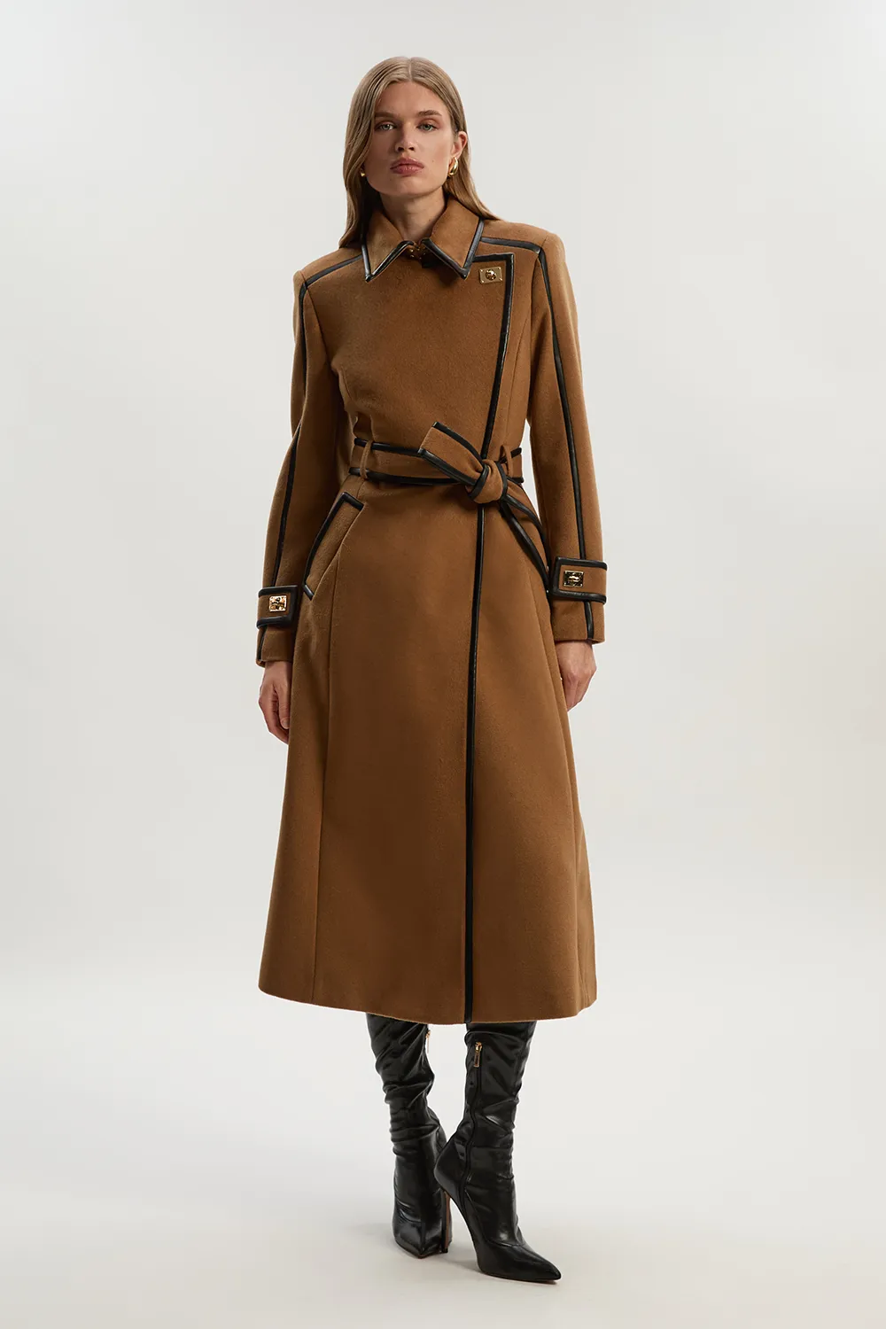 Brushed Wool Pu Trim Belted Tailored Double Breasted Midi Coat BKK20100 3 Brushed Wool Pu Trim Belted Tailored Double Breasted Midi Coat BKK20100