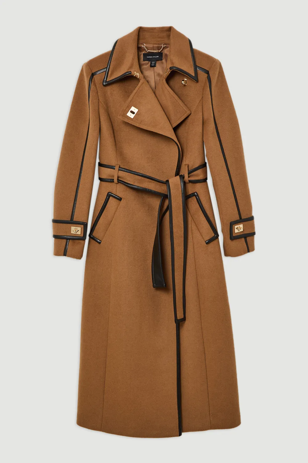 Brushed Wool Pu Trim Belted Tailored Double Breasted Midi Coat BKK20100 4 Brushed Wool Pu Trim Belted Tailored Double Breasted Midi Coat BKK20100