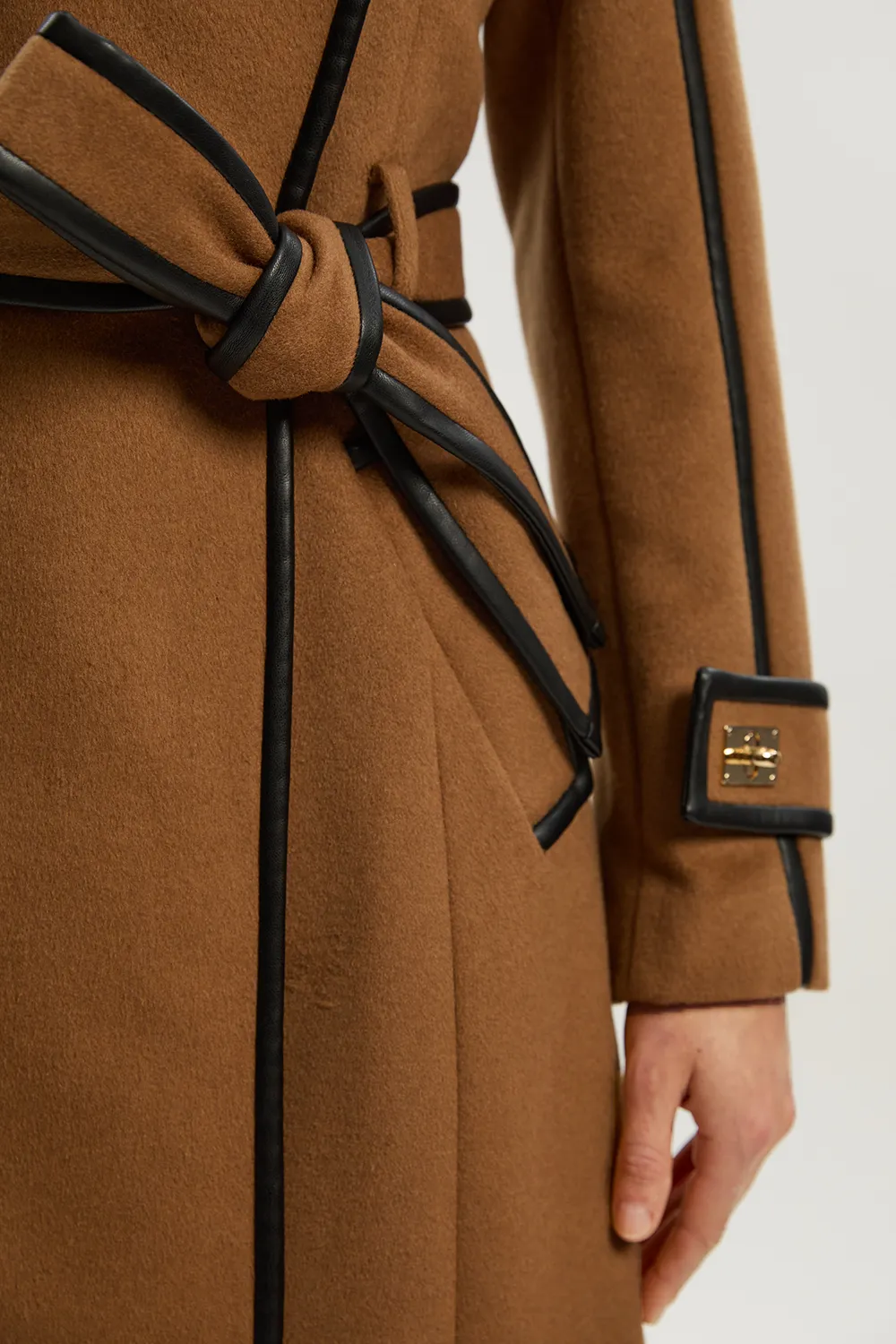 Brushed Wool Pu Trim Belted Tailored Double Breasted Midi Coat BKK20100 5 Brushed Wool Pu Trim Belted Tailored Double Breasted Midi Coat BKK20100