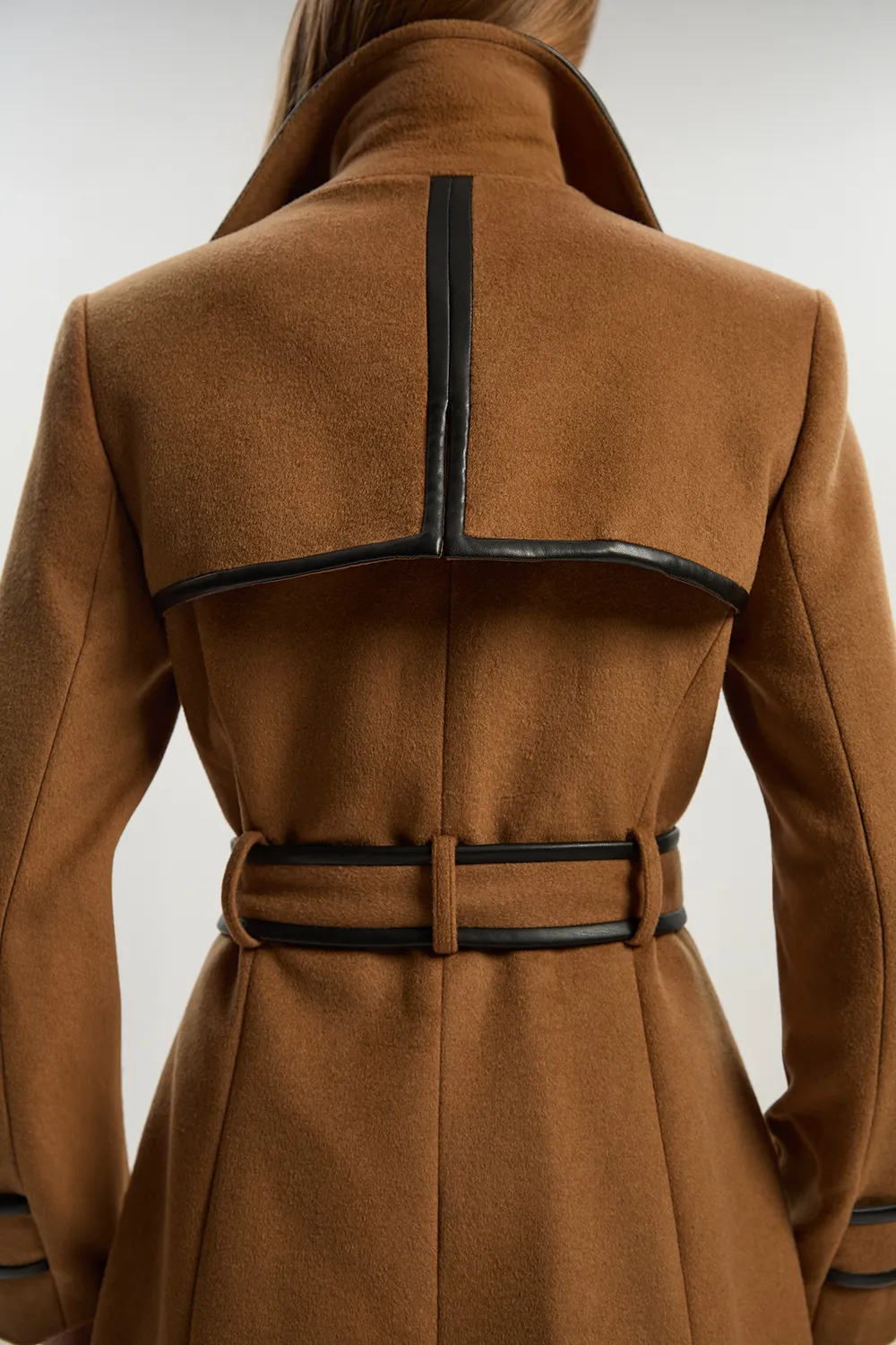 Brushed Wool Pu Trim Belted Tailored Double Breasted Midi Coat BKK20100 6 Brushed Wool Pu Trim Belted Tailored Double Breasted Midi Coat BKK20100