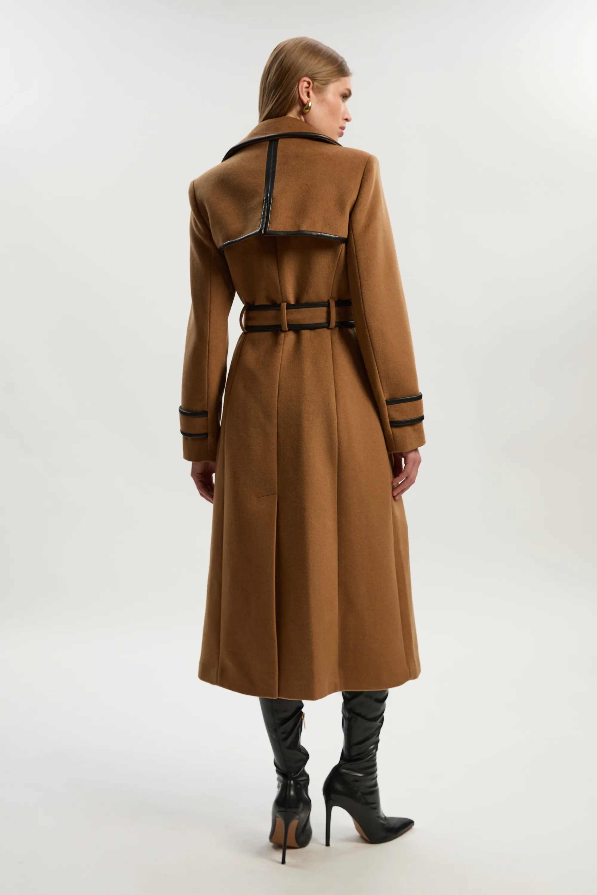 Brushed Wool Pu Trim Belted Tailored Double Breasted Midi Coat BKK20100 7 Brushed Wool Pu Trim Belted Tailored Double Breasted Midi Coat BKK20100