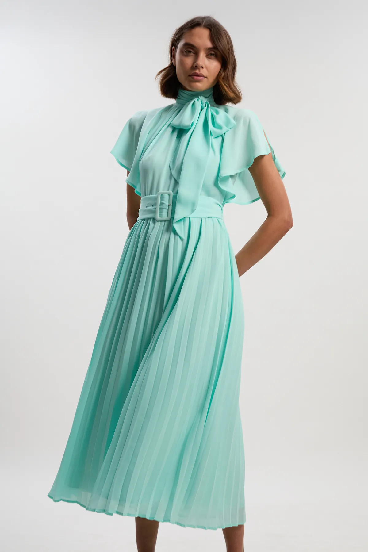 Pussy Bow Tie Georgette Belted Woven Midi Dress BKK20165