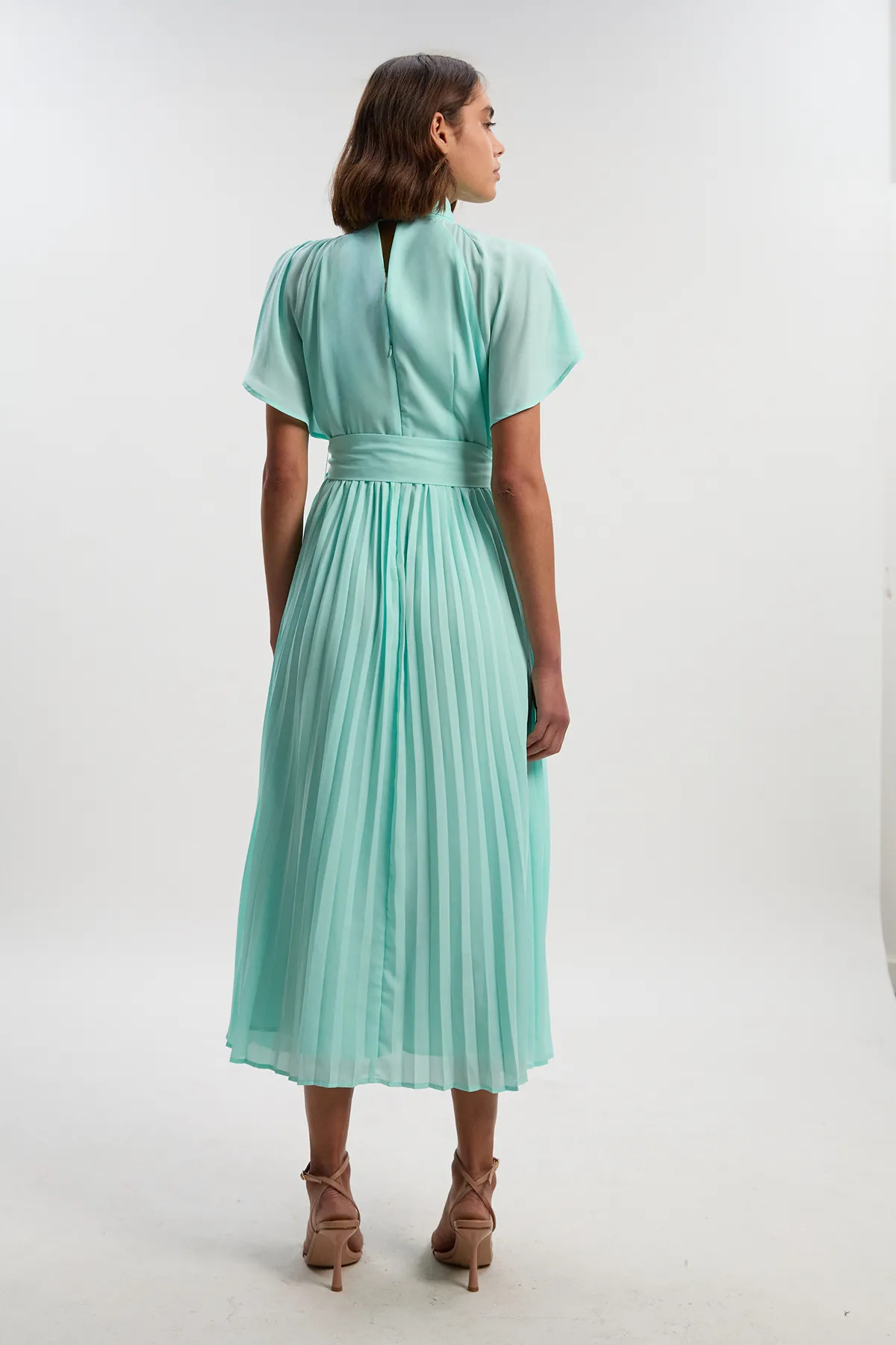 Pussy Bow Tie Georgette Belted Woven Midi Dress BKK20165