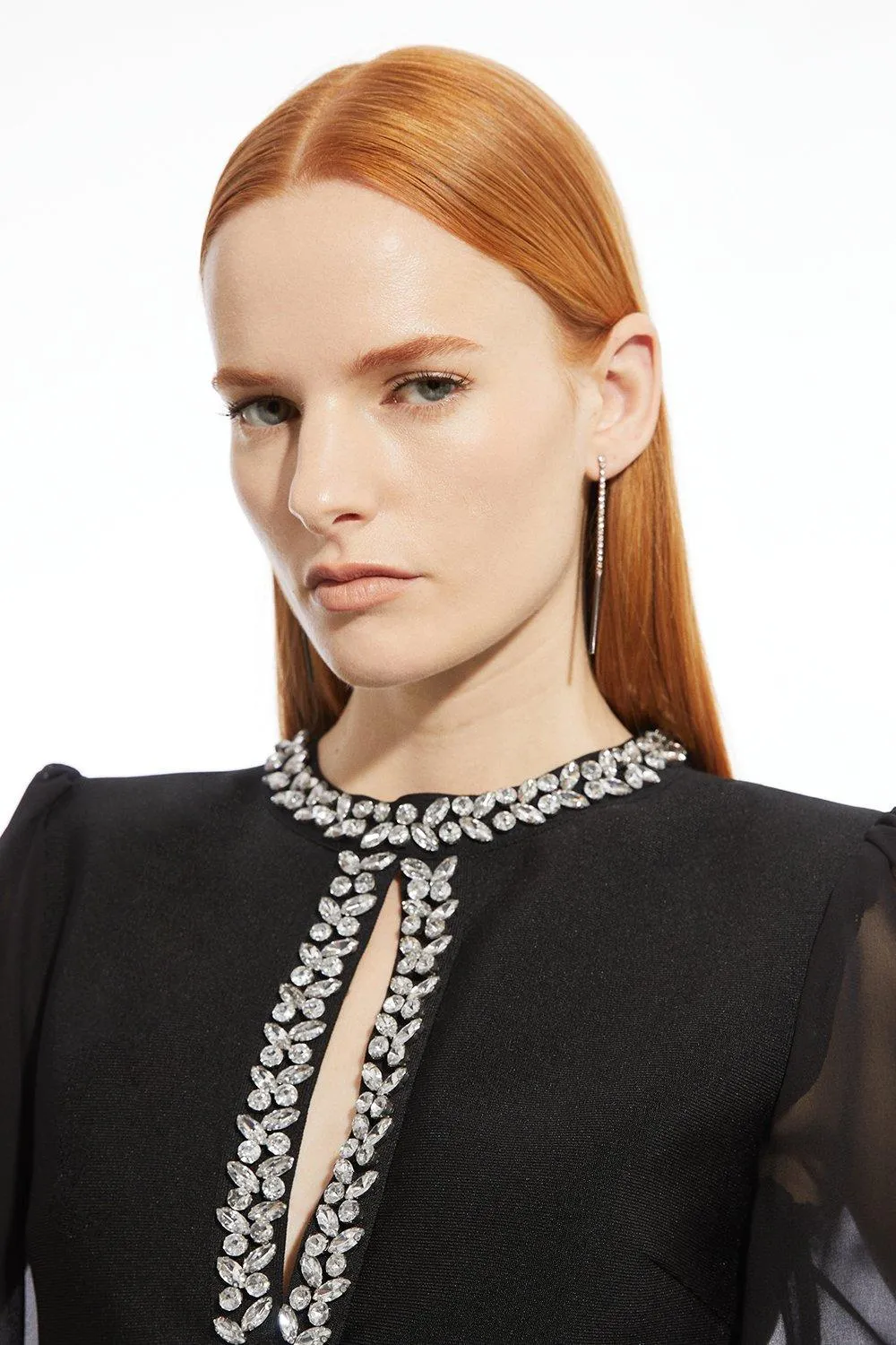 Bandage Embellished And Chiffon Sleeve Figure Form Knit Top BKK20211