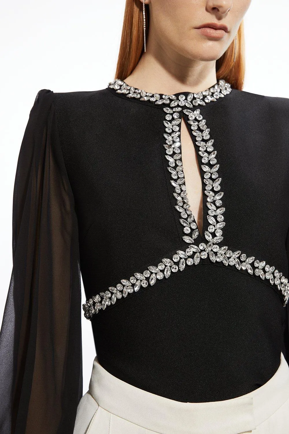 Bandage Embellished And Chiffon Sleeve Figure Form Knit Top BKK20211