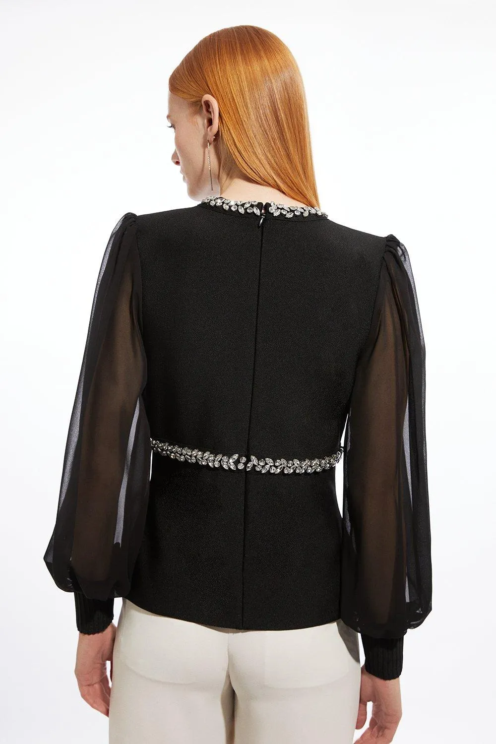 Bandage Embellished And Chiffon Sleeve Figure Form Knit Top BKK20211